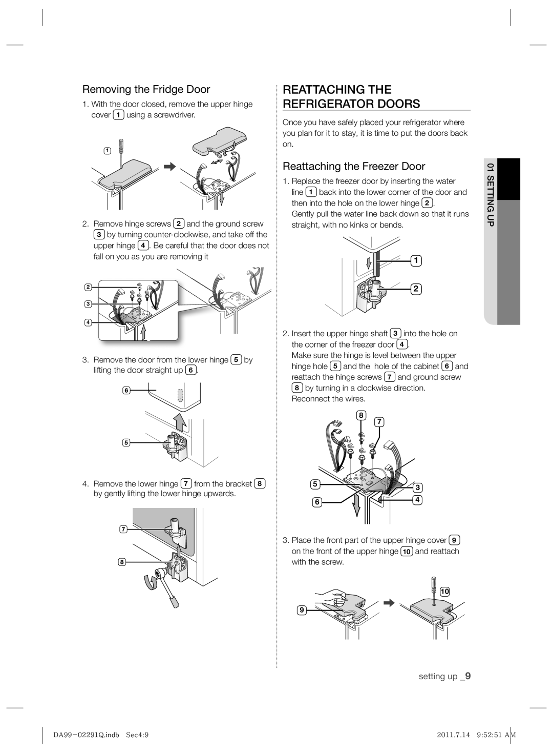 Samsung RSH7UNBP1/XEO manual Refrigerator Doors, Removing the Fridge Door, Reattaching the Freezer Door 