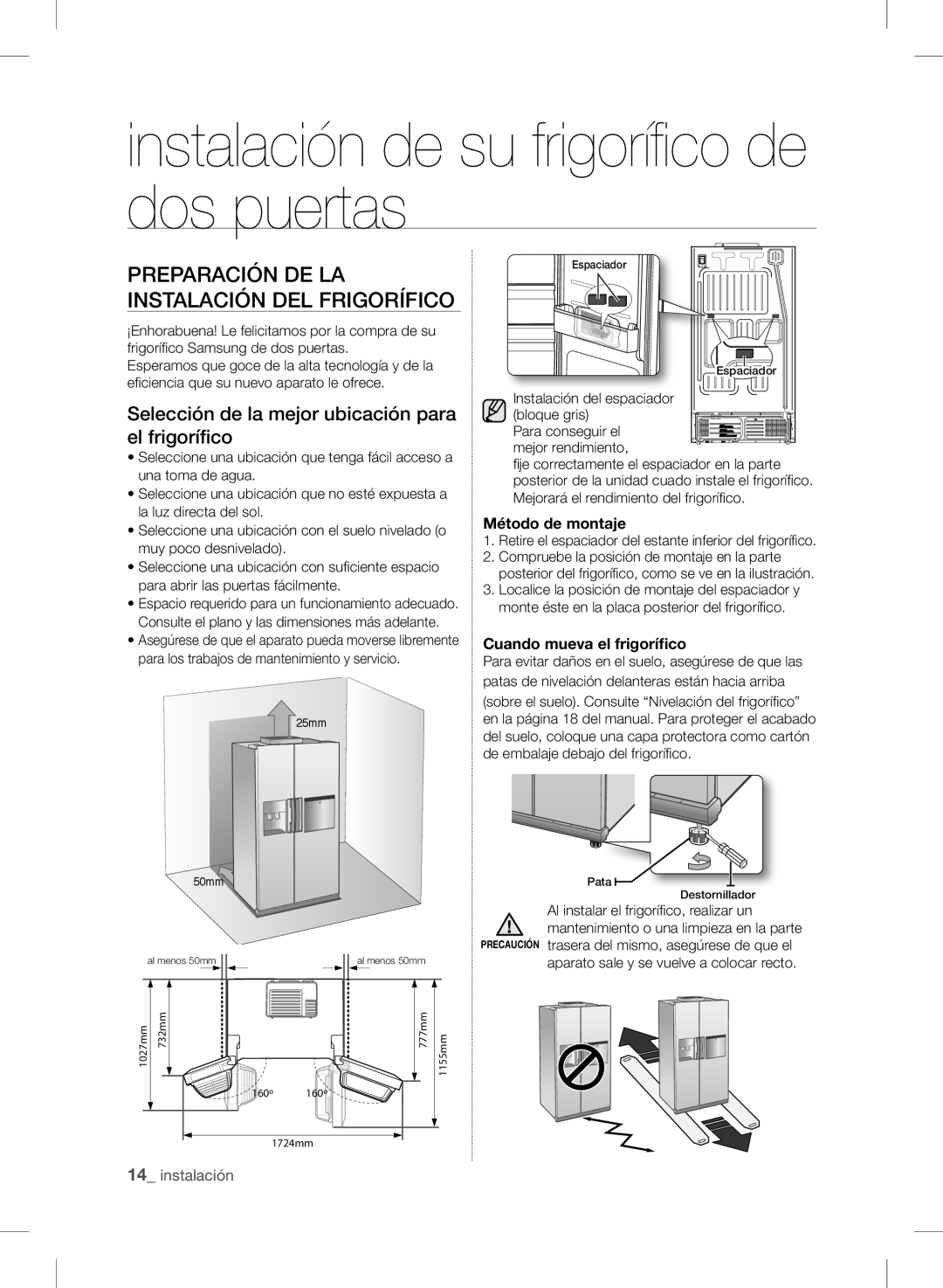 Samsung RSH7PNBP1/XES Preparación DE LA Instalación DEL Frigorífico, Selección de la mejor ubicación para el frigorífico 