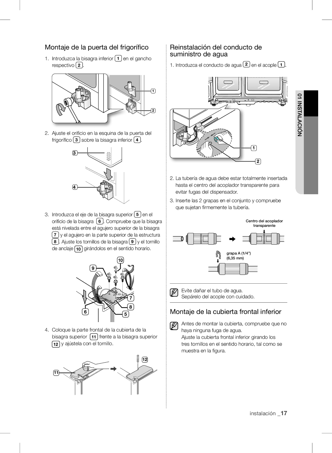 Samsung RSH7PNRS1/XES, RSH7UNPN1/XES manual Montaje de la puerta del frigorífico, Montaje de la cubierta frontal inferior 