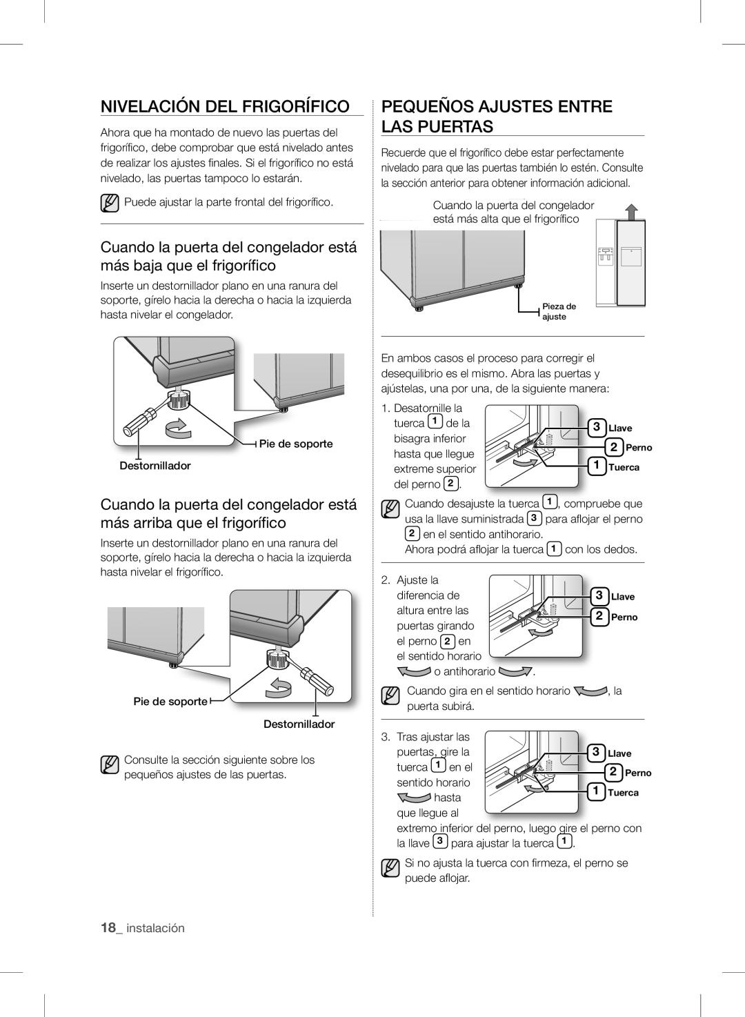 Samsung RSH7PNBP1/XES, RSH7UNPN1/XES, RSH7PNRS1/XES manual Nivelación DEL Frigorífico, Pequeños Ajustes Entre LAS Puertas 