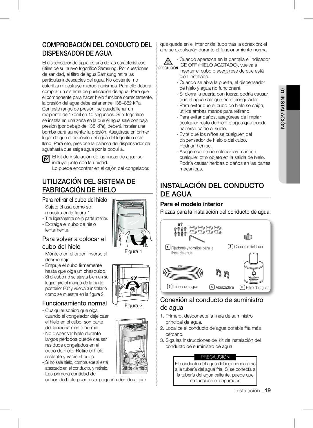 Samsung RSH7UNRS1/XES, RSH7UNPN1/XES Utilización DEL Sistema DE Fabricación DE Hielo, Instalación DEL Conducto DE Agua 