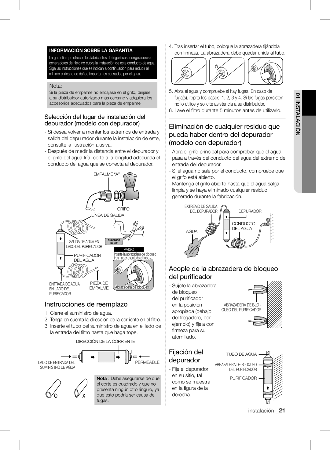 Samsung RSH7PNRS1/XES manual Instrucciones de reemplazo, Acople de la abrazadera de bloqueo del purificador, Fijación del 