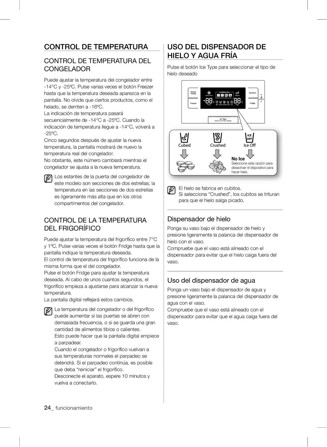 Samsung RSH7UNPN1/XES manual Control DE Temperatura, USO DEL Dispensador DE Hielo Y Agua Fría, Dispensador de hielo 