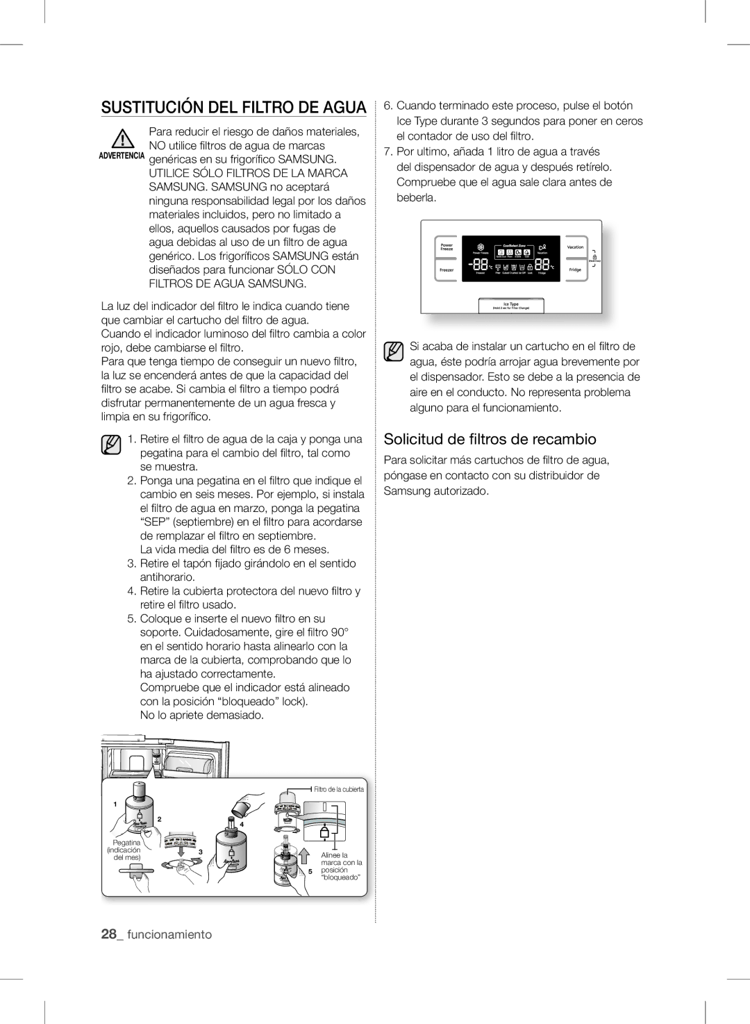 Samsung RSH7UNPN1/XES, RSH7PNRS1/XES manual Solicitud de filtros de recambio, Para reducir el riesgo de daños materiales 