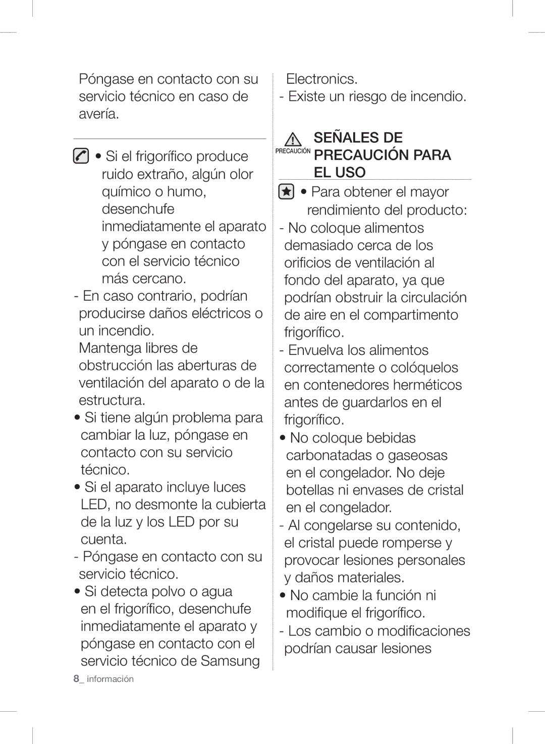 Samsung RSH7UNPN1/XES, RSH7PNRS1/XES, RSH7PNBP1/XES, RSH7UNRS1/XES manual Señales DE Precaución Precaución Para EL USO 