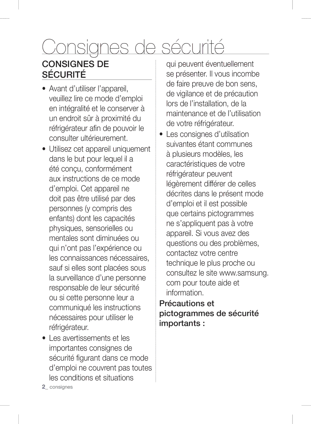 Samsung RSH7UNSP1/XEF, RSH7UNSR1/XEF manual Consignes DE Sécurité, Précautions et pictogrammes de sécurité importants 