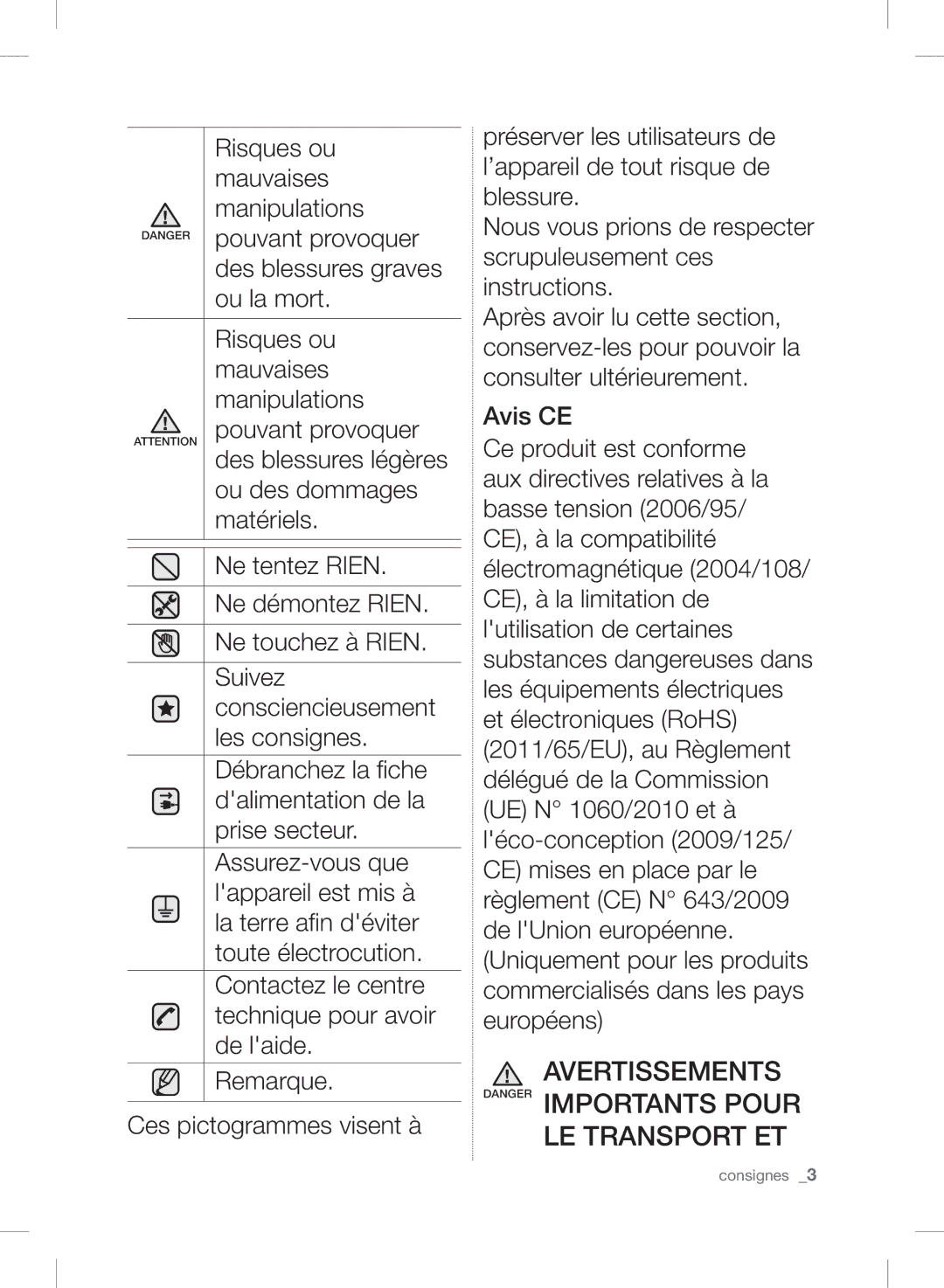 Samsung RSH7PNSW1/XEF, RSH7UNSR1/XEF, RSH7PNSL1/XEF, RSH7UNSP1/XEF Avertissements Danger Importants Pour LE Transport ET 