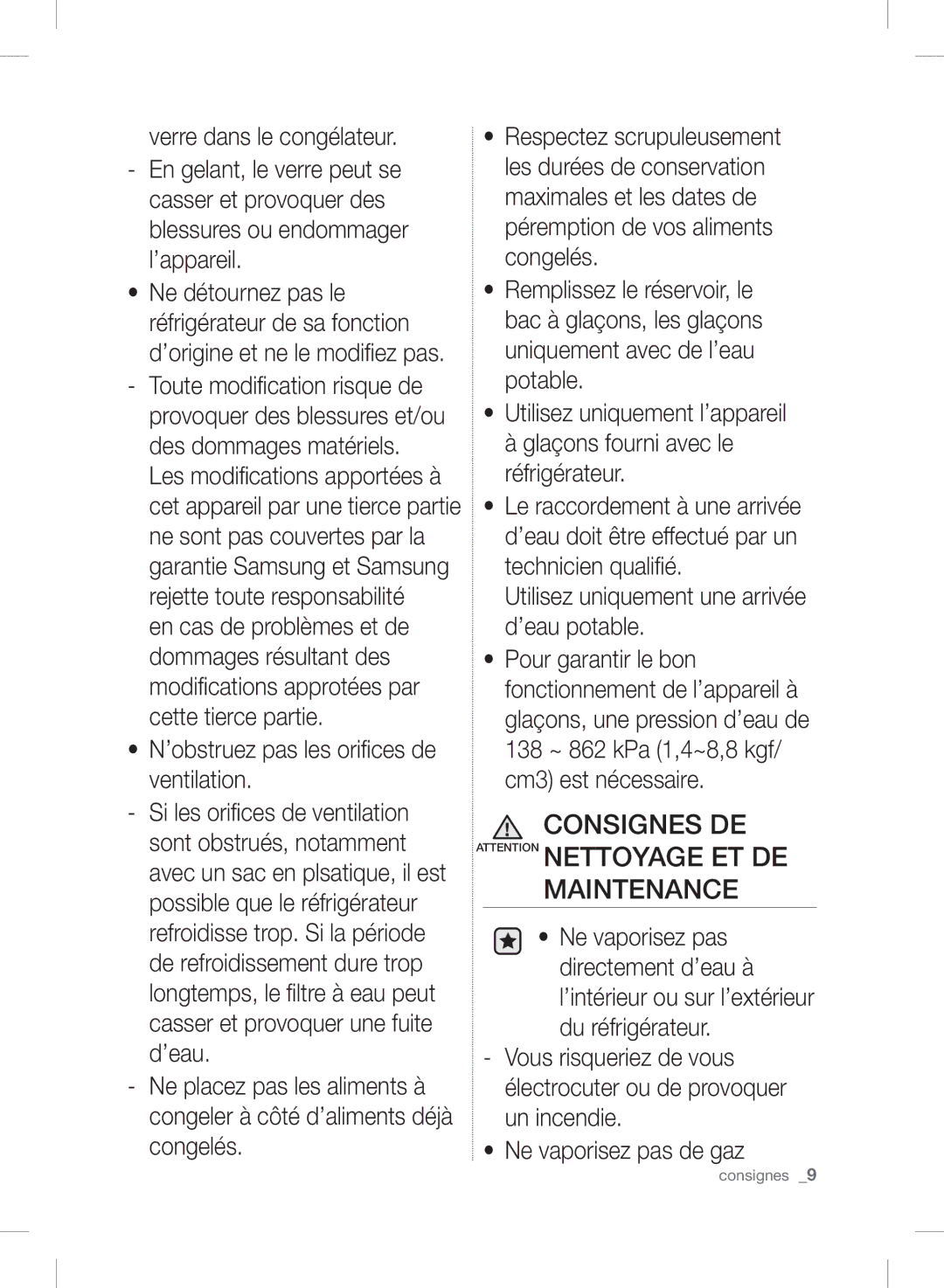 Samsung RSH7GNWW1/XEF manual Consignes DE Attention Nettoyage ET DE Maintenance, Blessures ou endommager l’appareil 