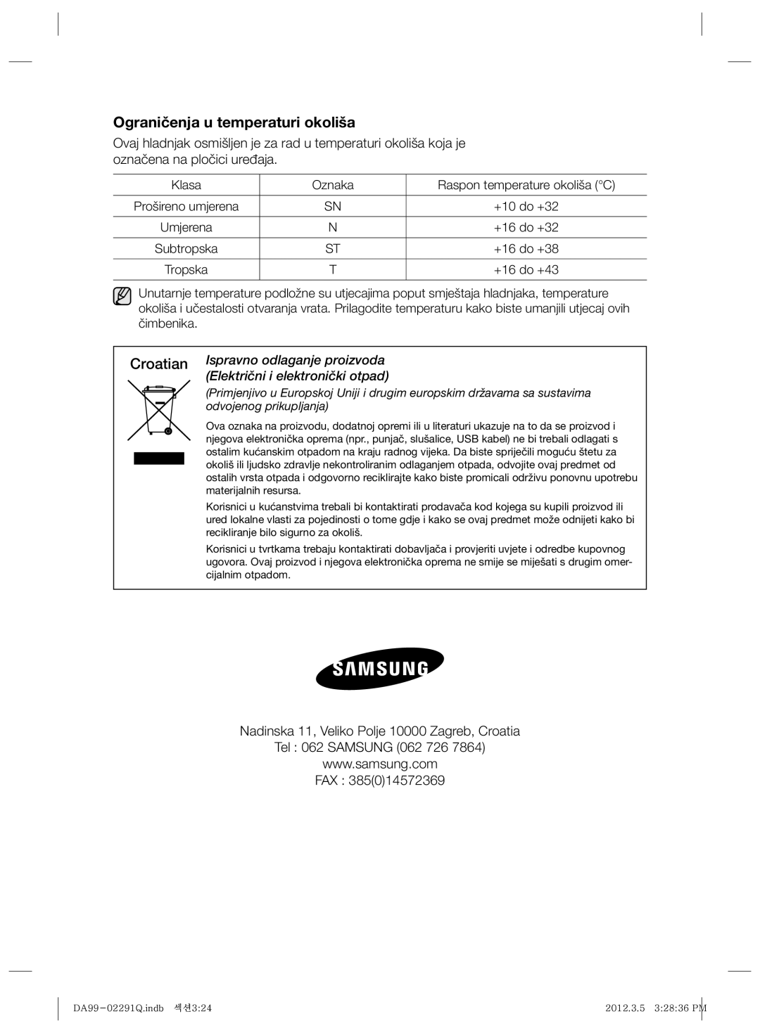 Samsung RSH7PNRS1/XEG, RSH7ZNRS1/EUR, RSH7ZNRS1/XEG, RSH7ZNRS1/XEF, RSH7PNRS1/EUR Ograničenja u temperaturi okoliša, Tropska 