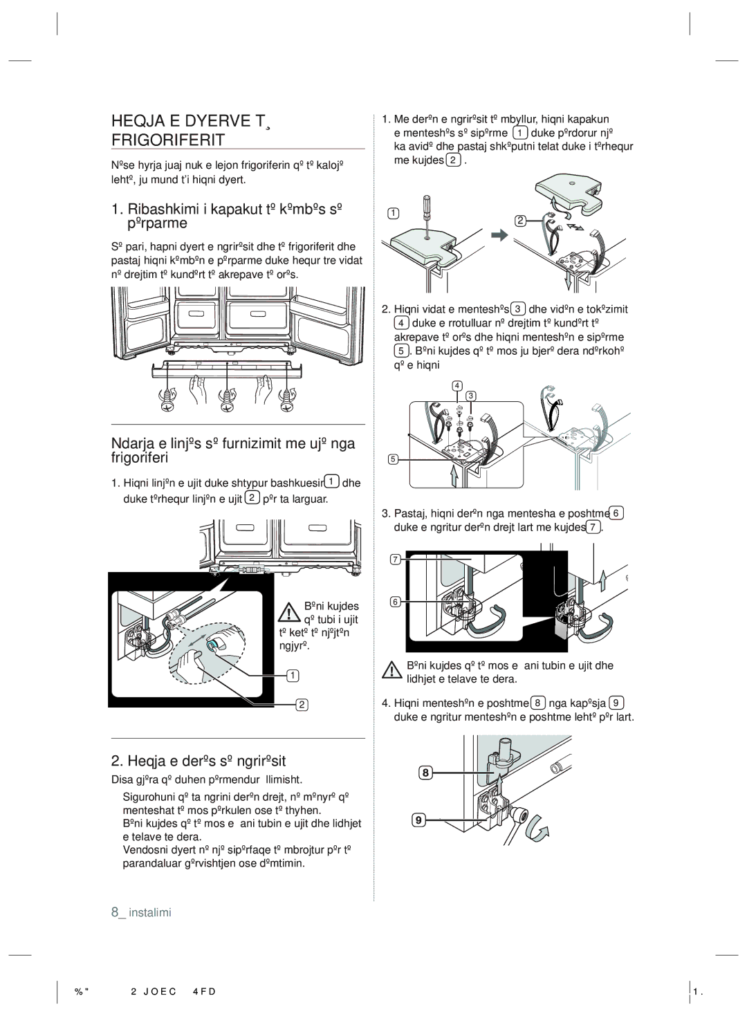 Samsung RSH7PNSW1/EUR, RSH7ZNRS1/EUR manual Heqja E Dyerve TË Frigoriferit, Ribashkimi i kapakut të këmbës së përparme 