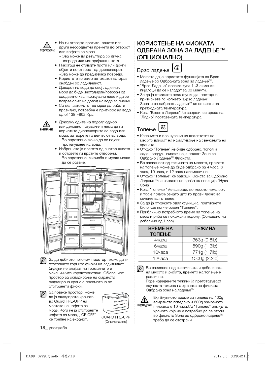 Samsung RSH7PNRS1/EUR manual Користење НА Фиоката Одбрана Зона ЗА Ладење Опционално, Брзо ладење, Топење, Време НА Тежина 