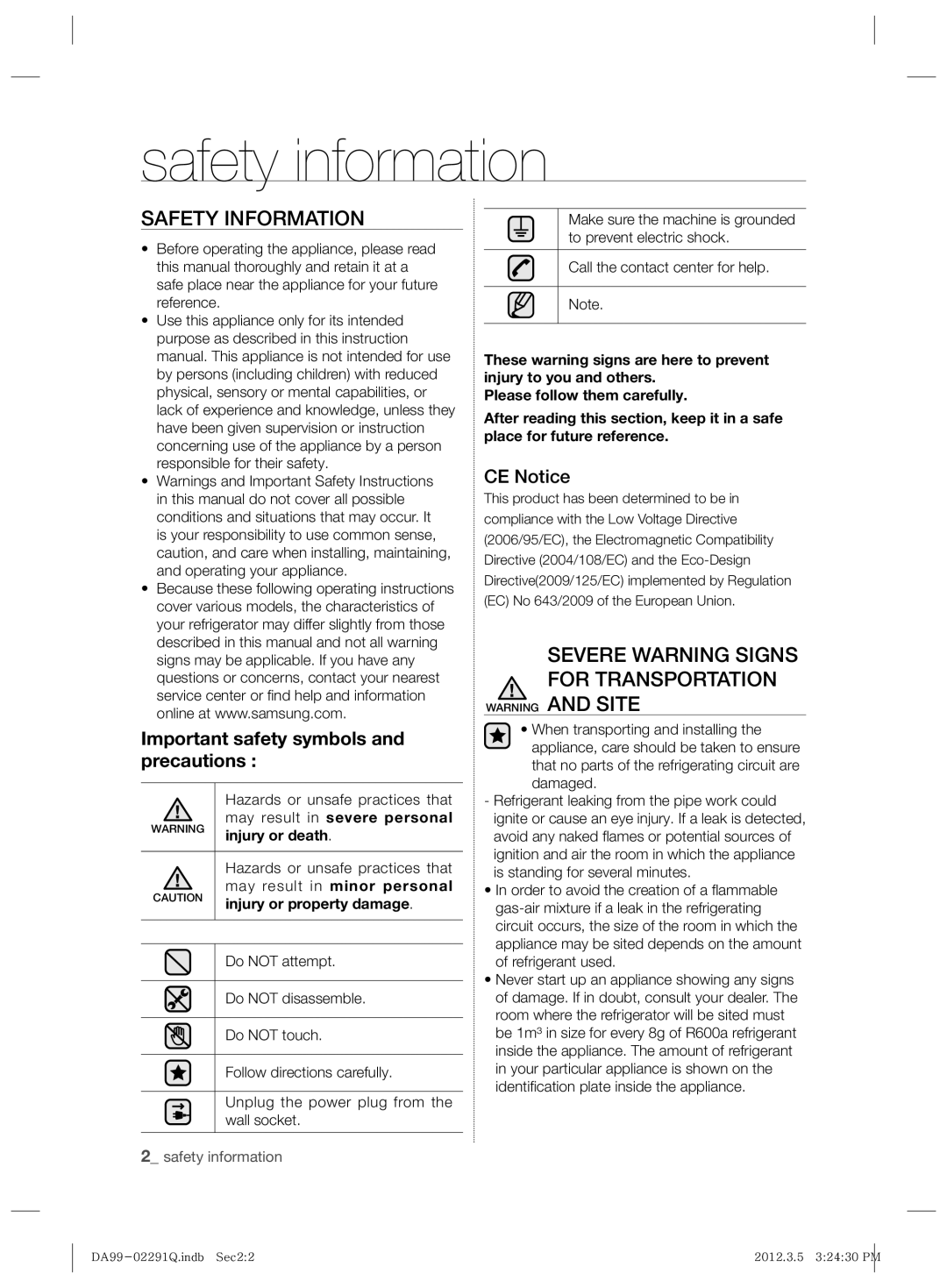 Samsung RSH7ZNRS1/XEG manual Safety information, Safety Information, Severe Warning Signs for Transportation, CE Notice 