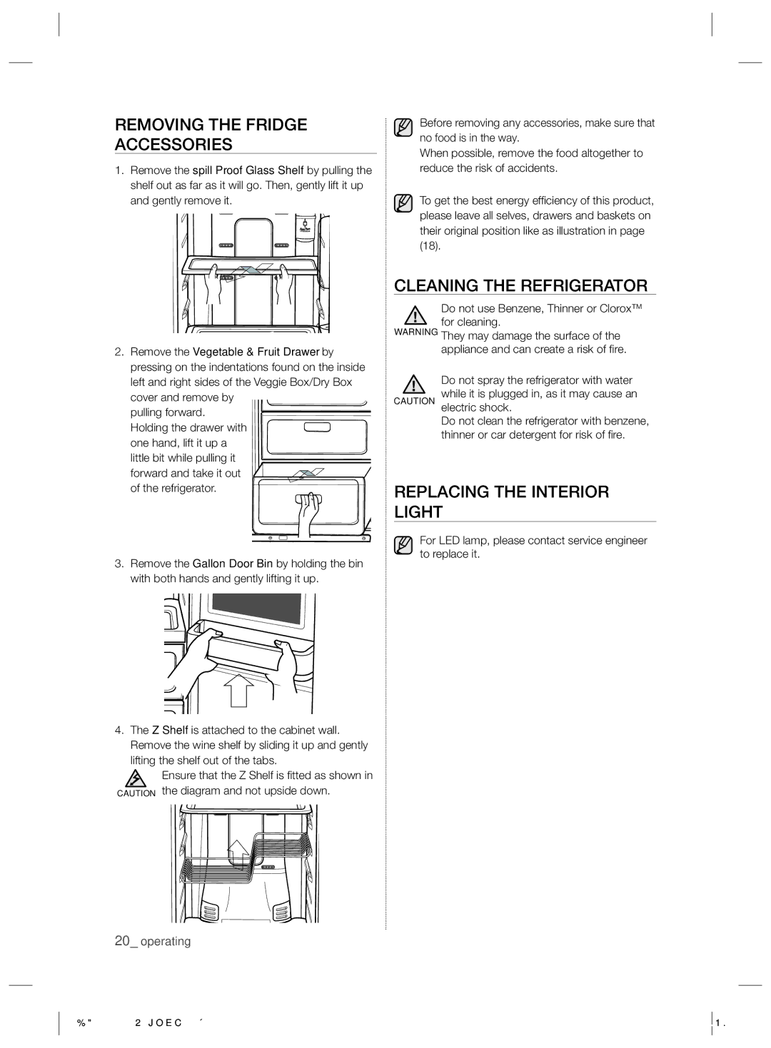 Samsung RSA1WTMG1/XES manual Removing the Fridge Accessories, Cleaning the Refrigerator, Replacing the Interior Light 