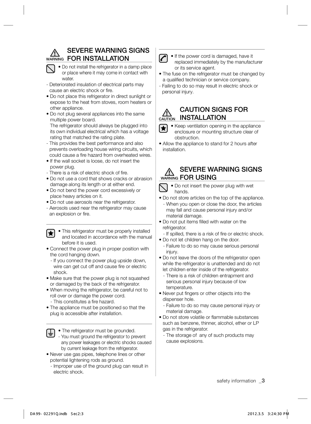 Samsung RSH7ZNRS1/XEF, RSH7ZNRS1/EUR Severe Warning Signs Warning for Installation, Severe Warning Signs Warning for Using 