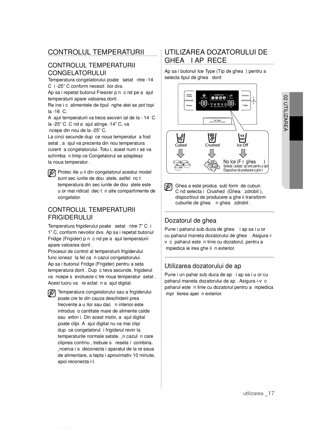 Samsung RSH7ZNRS1/XEG, RSH7ZNRS1/EUR, RSH7PNRS1/XEG Controlul Temperaturii, Utilizarea Dozatorului DE Gheaţă ŞI APĂ Rece 