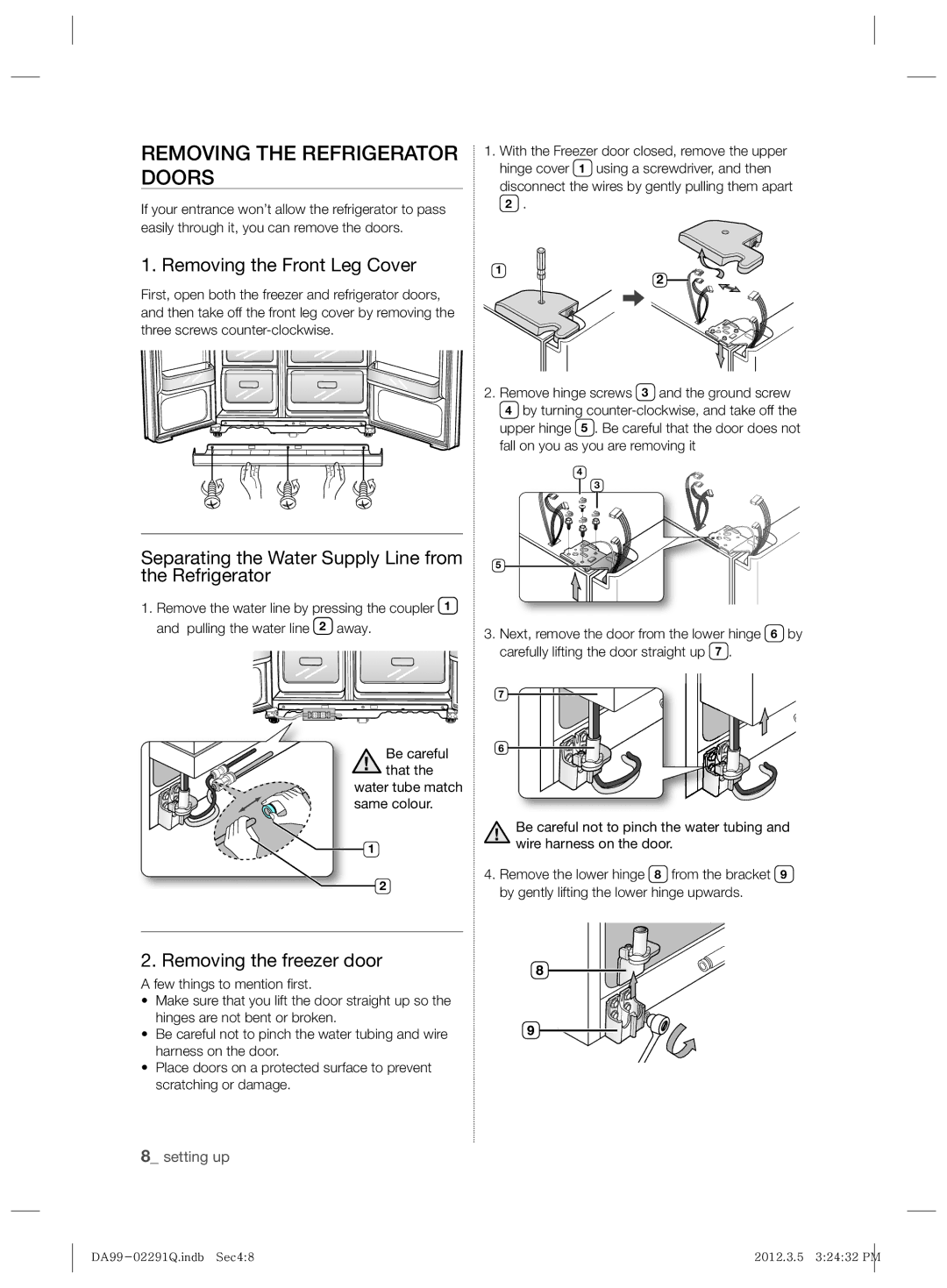 Samsung RSH7UNBP1/EUR manual Removing the Refrigerator Doors, Removing the Front Leg Cover, Removing the freezer door 