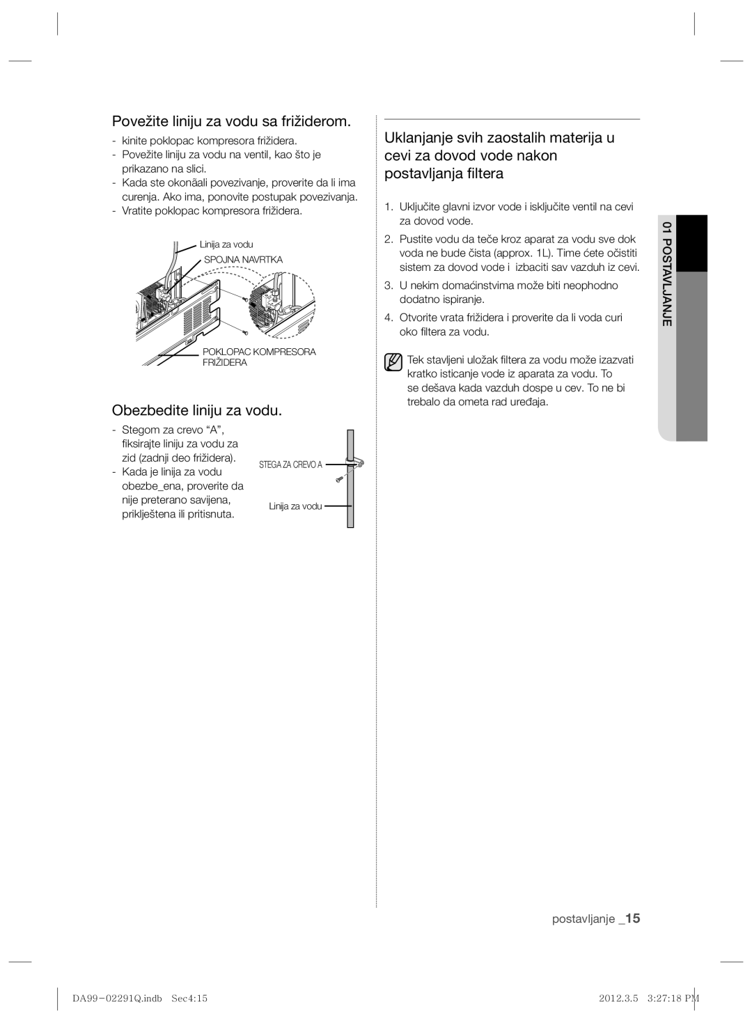 Samsung RSH7PNSW1/EUR Povežite liniju za vodu sa frižiderom, Vratite poklopac kompresora frižidera, Stegom za crevo a 