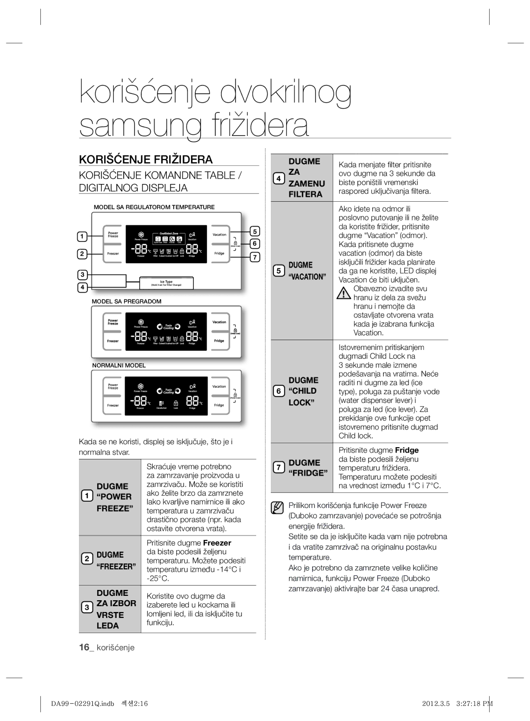 Samsung RSH7UNBP1/XEO, RSH7ZNRS1/EUR, RSH7PNRS1/XEG Korišćenje Frižidera, Korišćenje Komandne Table / Digitalnog Displeja 