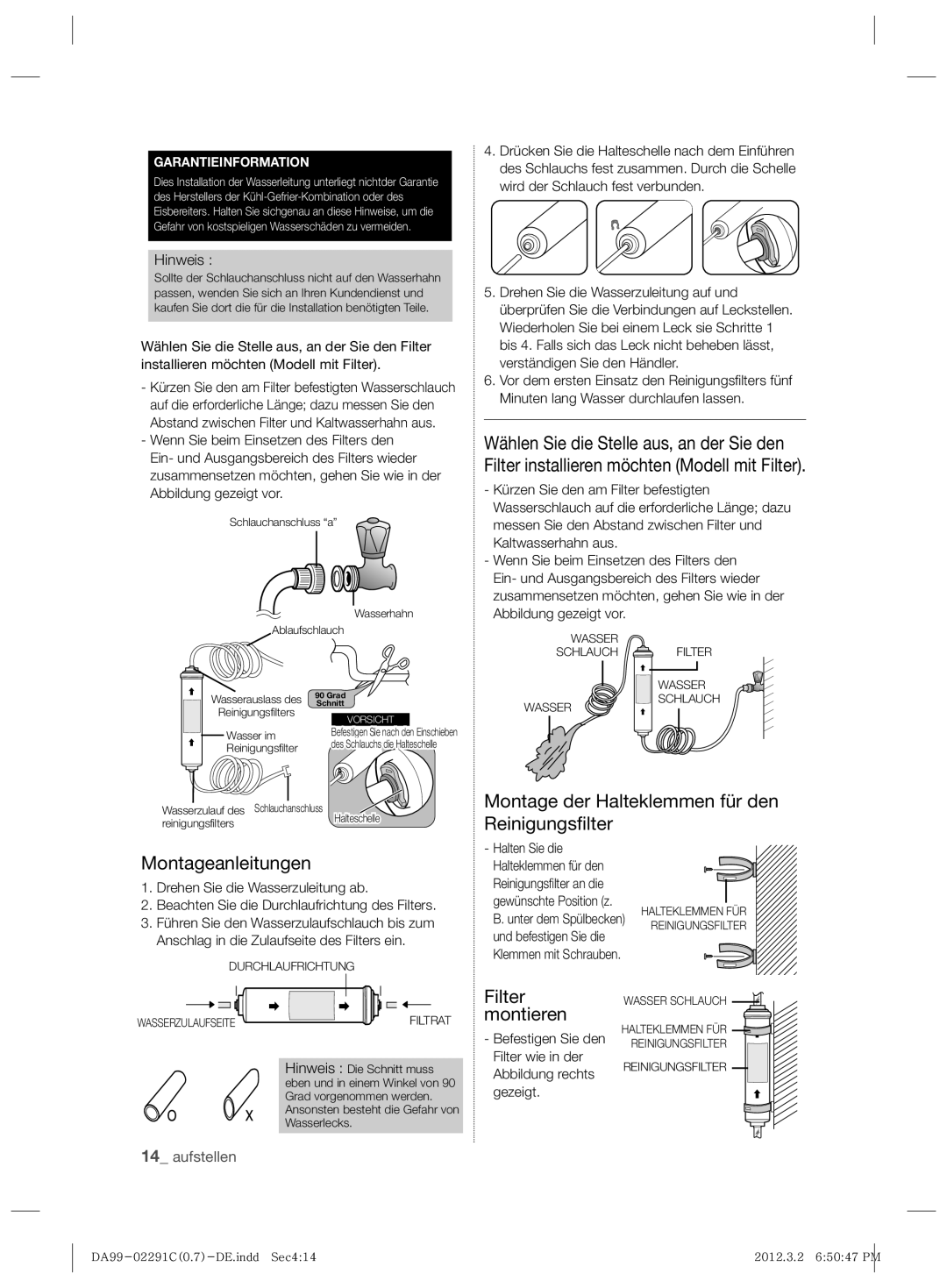 Samsung RSH7ZNRS1/EUR, RSH7ZNPN1/XEG, RSH7PNRS1/XEG, RSH7ZNRS1/XEG, RSH7UNRS1/XEG, RSH7ZNRS1/XEF manual Filter, Montieren 