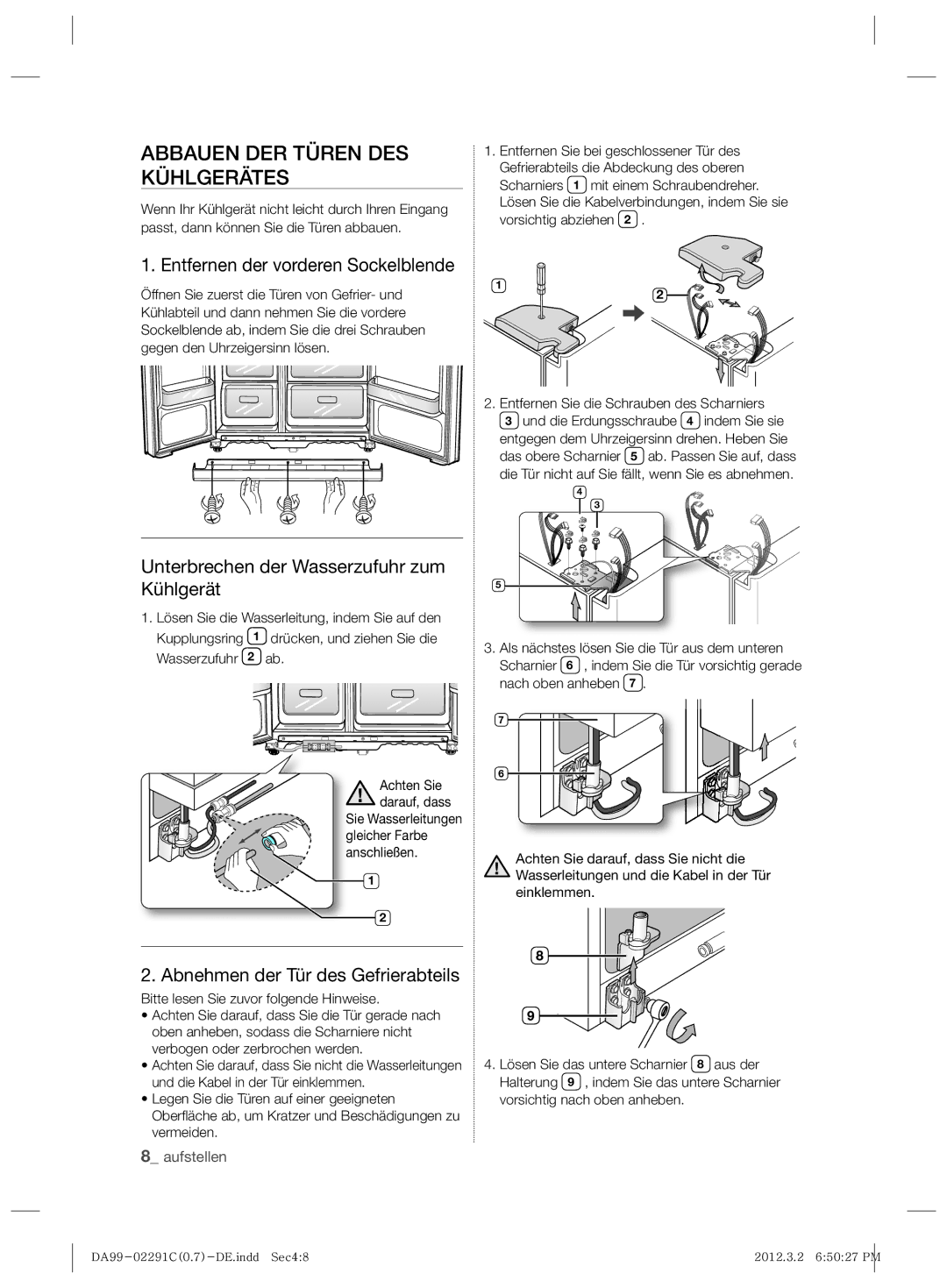 Samsung RSH7ZNPN1/XEG, RSH7ZNRS1/EUR Abbauen DER Türen DES Kühlgerätes, Entfernen der vorderen Sockelblende, Einklemmen 