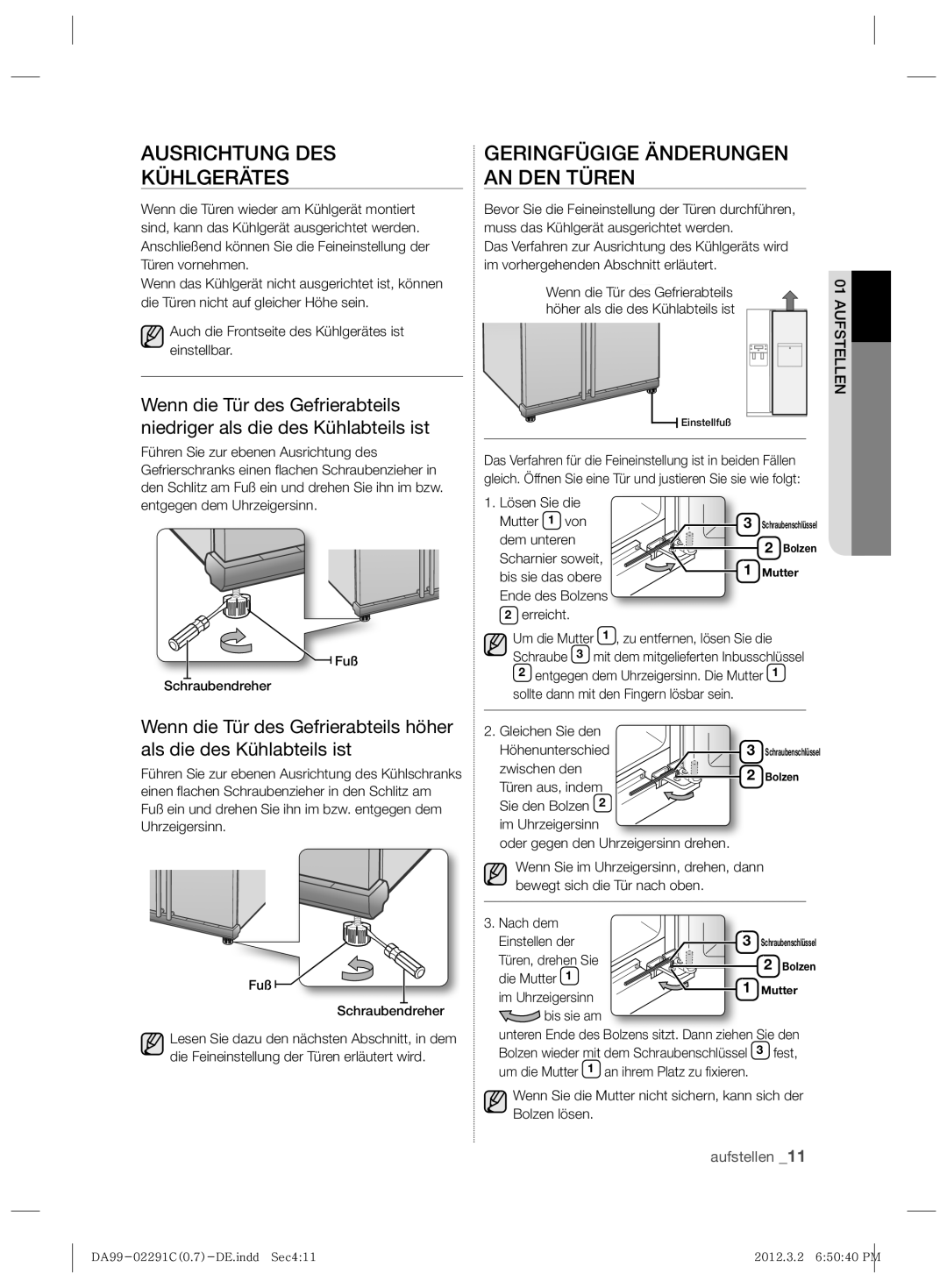 Samsung RSH7UNRS1/XEG, RSH7ZNRS1/EUR manual Ausrichtung Des Kühlgerätes, Geringfügige Änderungen An Den Türen, aufstellen 