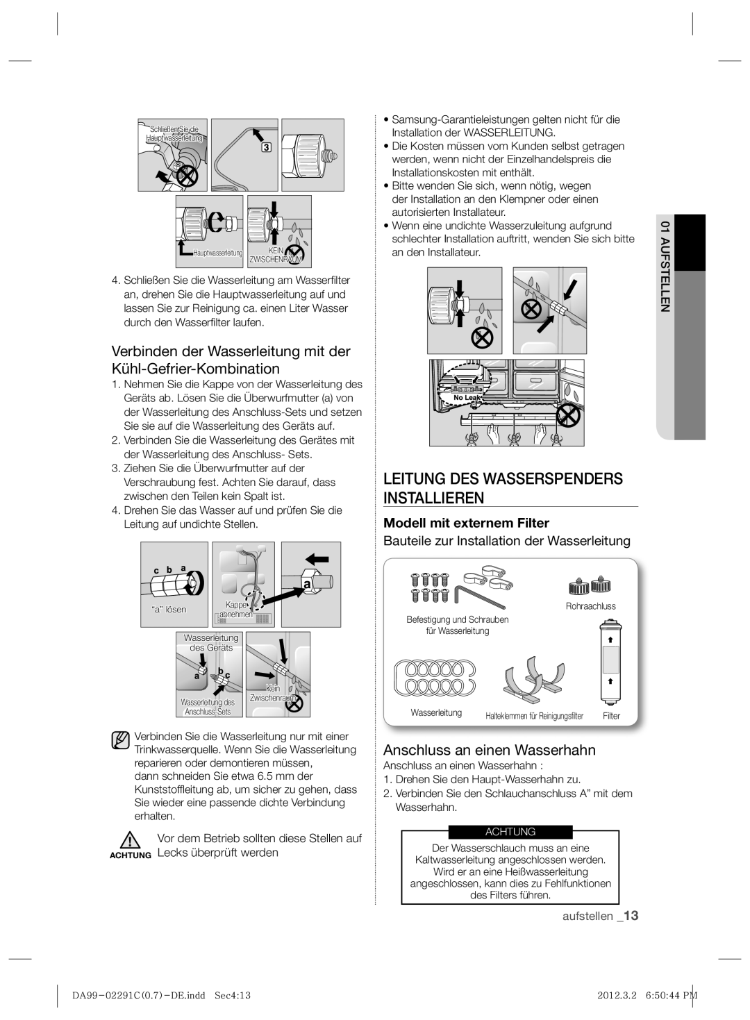 Samsung RSH7PNRS1/EUR manual Verbinden der Wasserleitung mit der Kühl-Gefrier-Kombination, Anschluss an einen Wasserhahn 