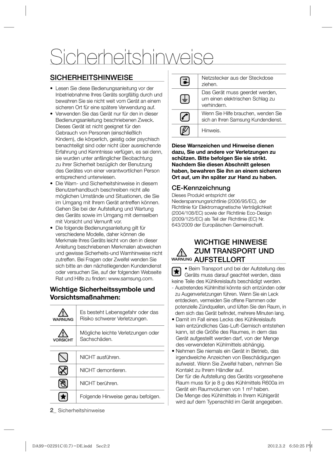 Samsung RSH7PNRS1/XEG manual Sicherheitshinweise, Wichtige Hinweise Zum Transport Und Warnung Aufstellort, CE-Kennzeichnung 