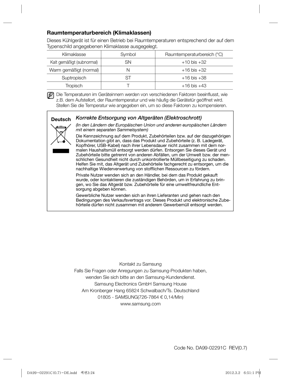 Samsung RSH7ZNRS1/XEG manual Raumtemperaturbereich Klimaklassen, Deutsch Korrekte Entsorgung von Altgeräten Elektroschrott 