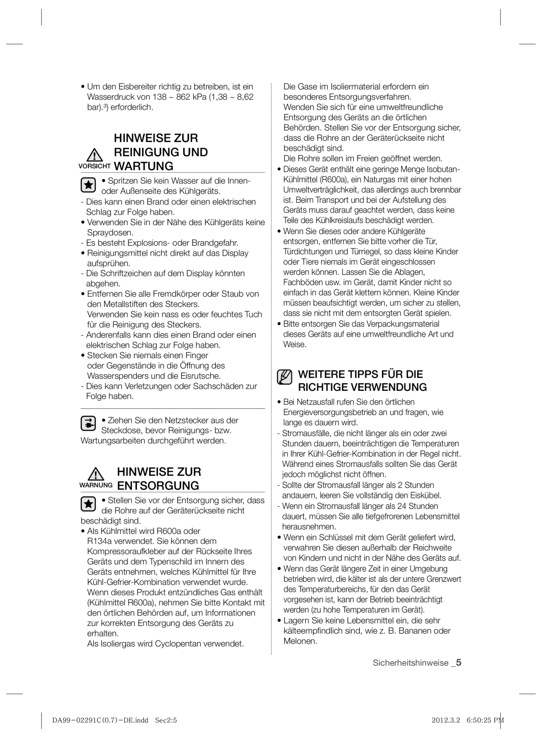 Samsung RSH7ZNRS1/XEF, RSH7ZNRS1/EUR manual Hinweise Zur Reinigung Und, Hinweise Zur Warnung Entsorgung, Sicherheitshinweise 