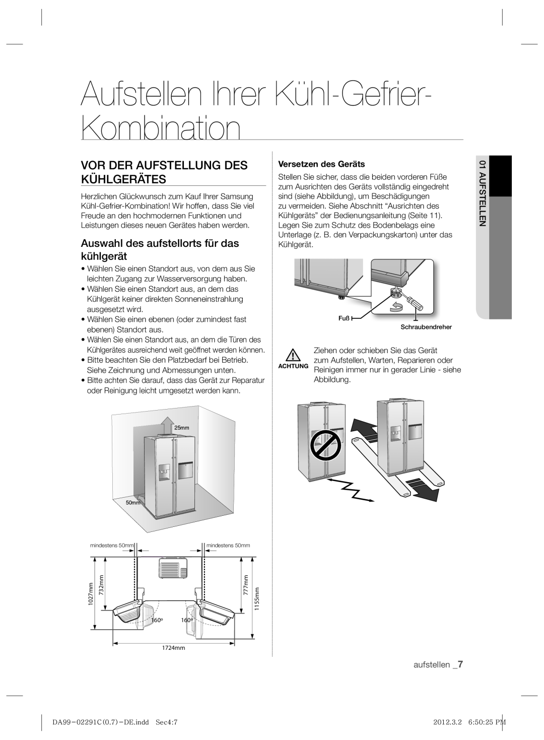 Samsung RSH7ZNRS1/EUR manual Aufstellen Ihrer Kühl-Gefrier- Kombination, Vor Der Aufstellung Des Kühlgerätes, aufstellen 
