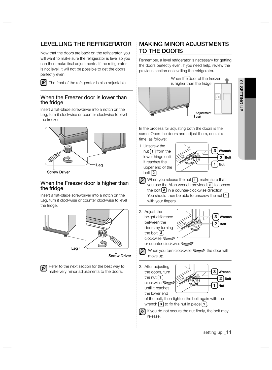 Samsung RSH7PNPN1/XEO, RSH7ZNRS1/EUR, RSH7ZNRS1/XEG manual Levelling the Refrigerator, Making Minor Adjustments to the Doors 