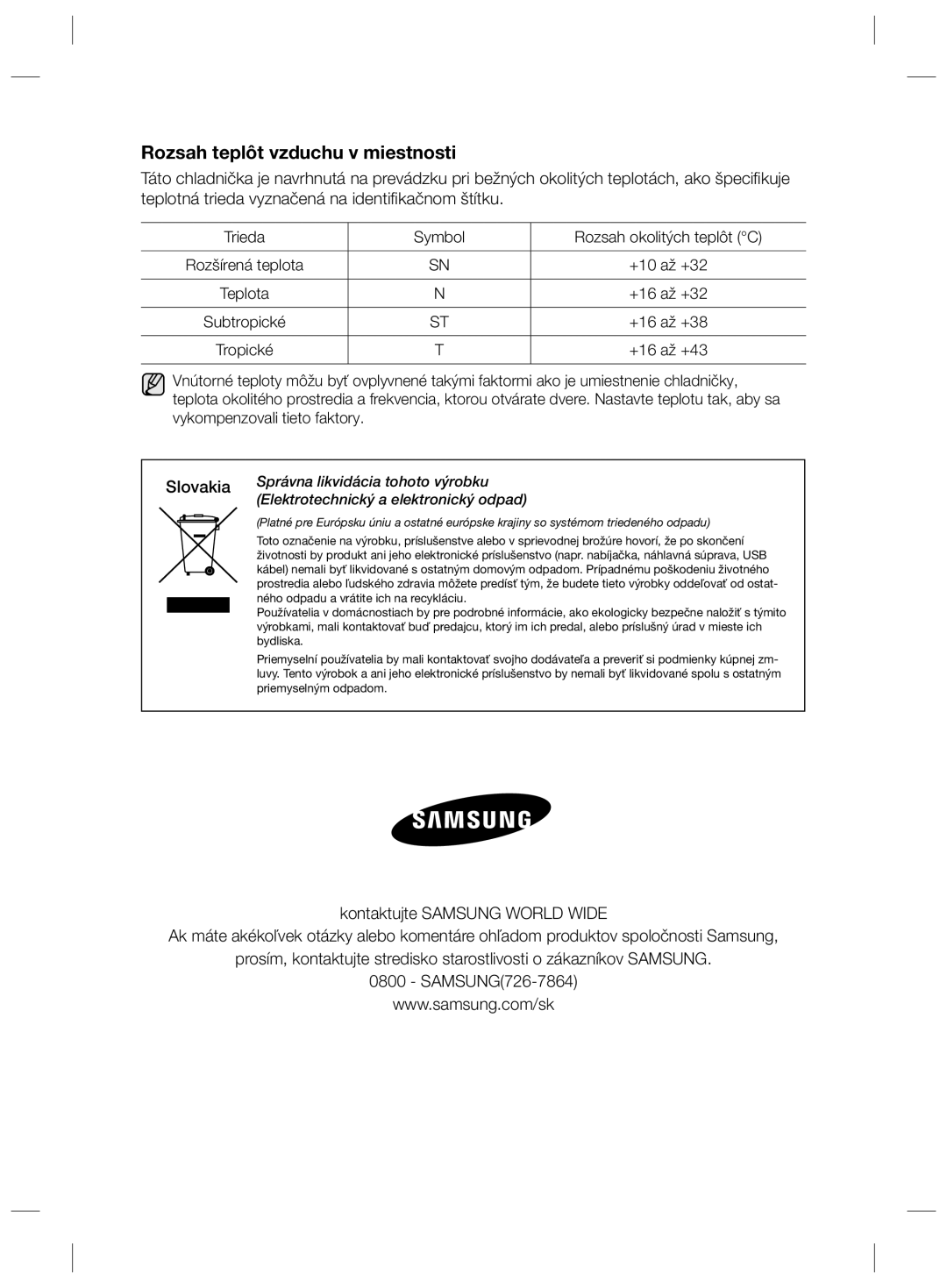 Samsung RSH7ZNRS1/XEG, RSH7ZNRS1/EUR, RSH7ZNRS1/XEO, RSH7UNBP1/XEO manual Rozsah teplôt vzduchu v miestnosti, Tropické 