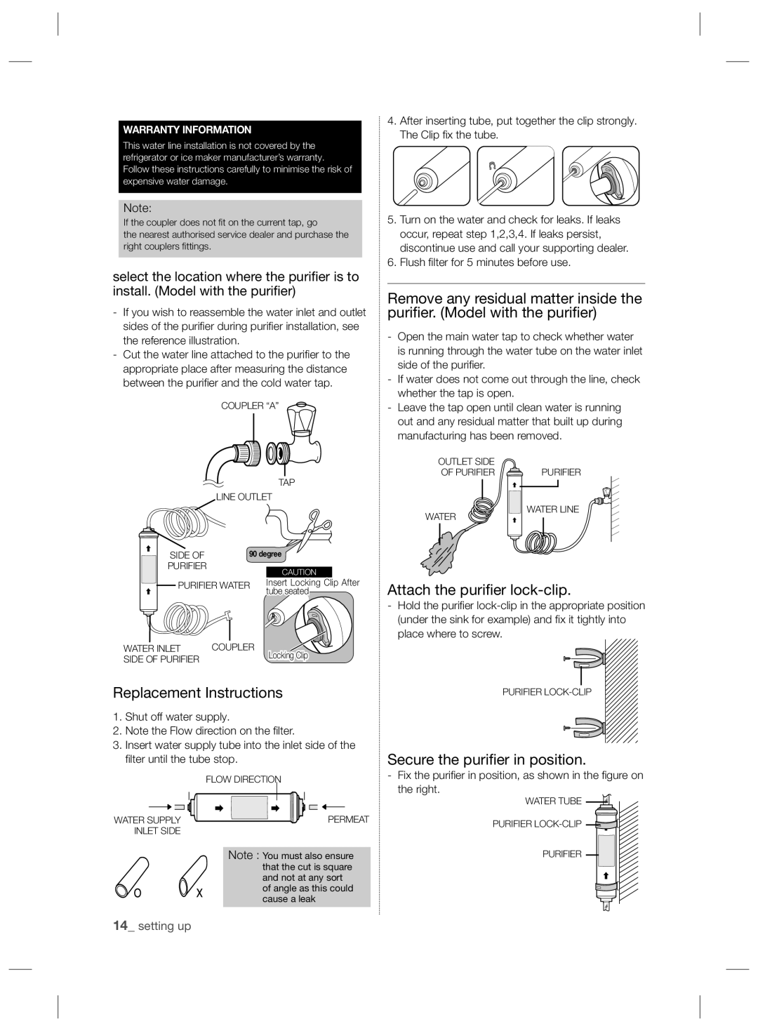 Samsung RSH7ZNRS1/EUR manual Replacement Instructions, Attach the puriﬁer lock-clip, Secure the puriﬁer in position, Right 