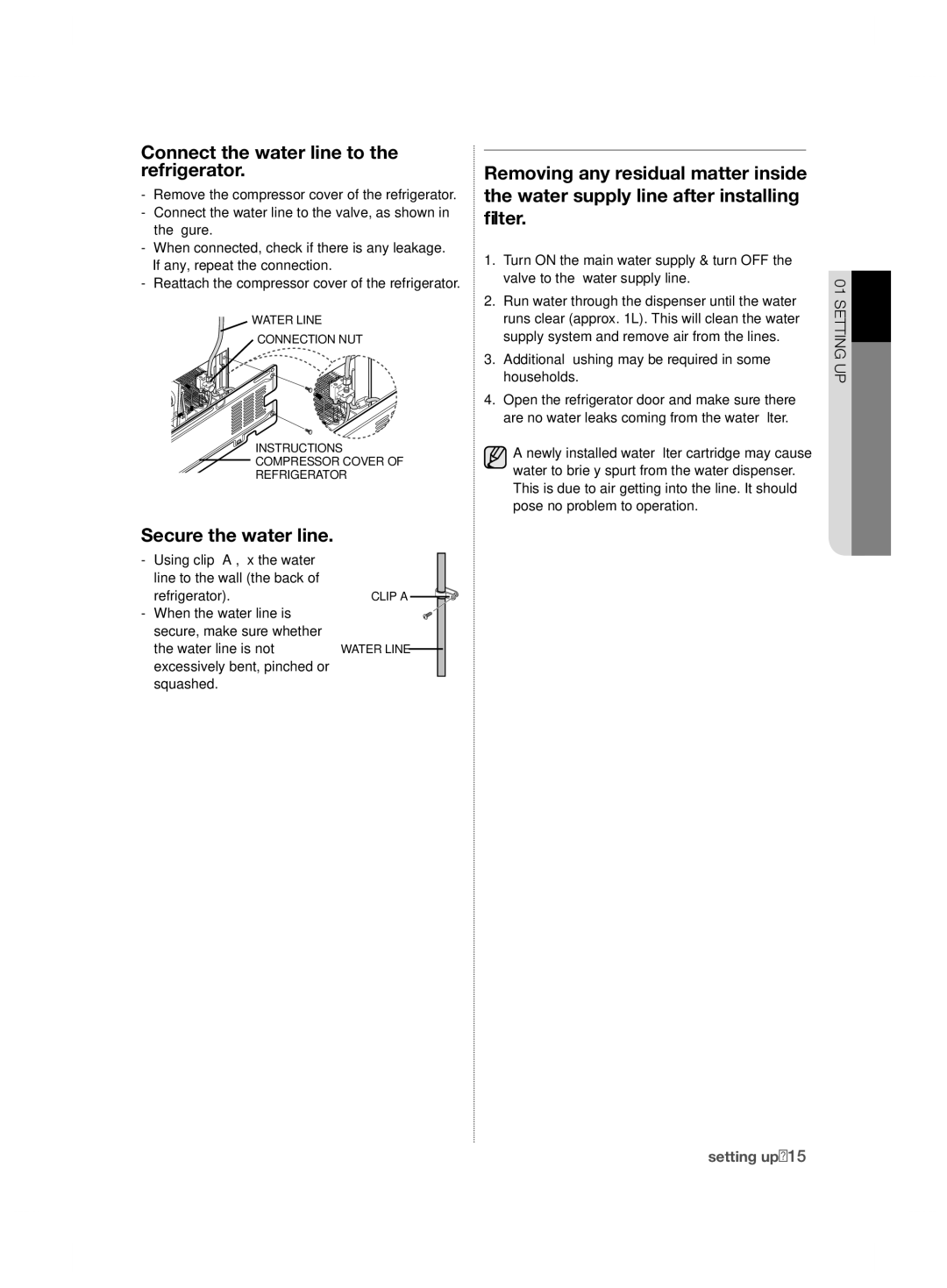 Samsung RSH7ZNRS1/XEG manual Connect the water line to the refrigerator, Secure the water line, Refrigerator, Squashed 