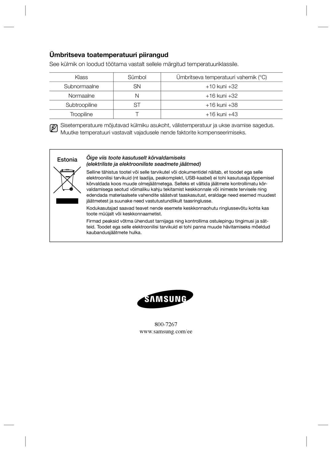 Samsung RSH7ZNRS1/EUR, RSH7ZNRS1/XEG manual Ümbritseva toatemperatuuri piirangud, Õige viis toote kasutuselt kõrvaldamiseks 