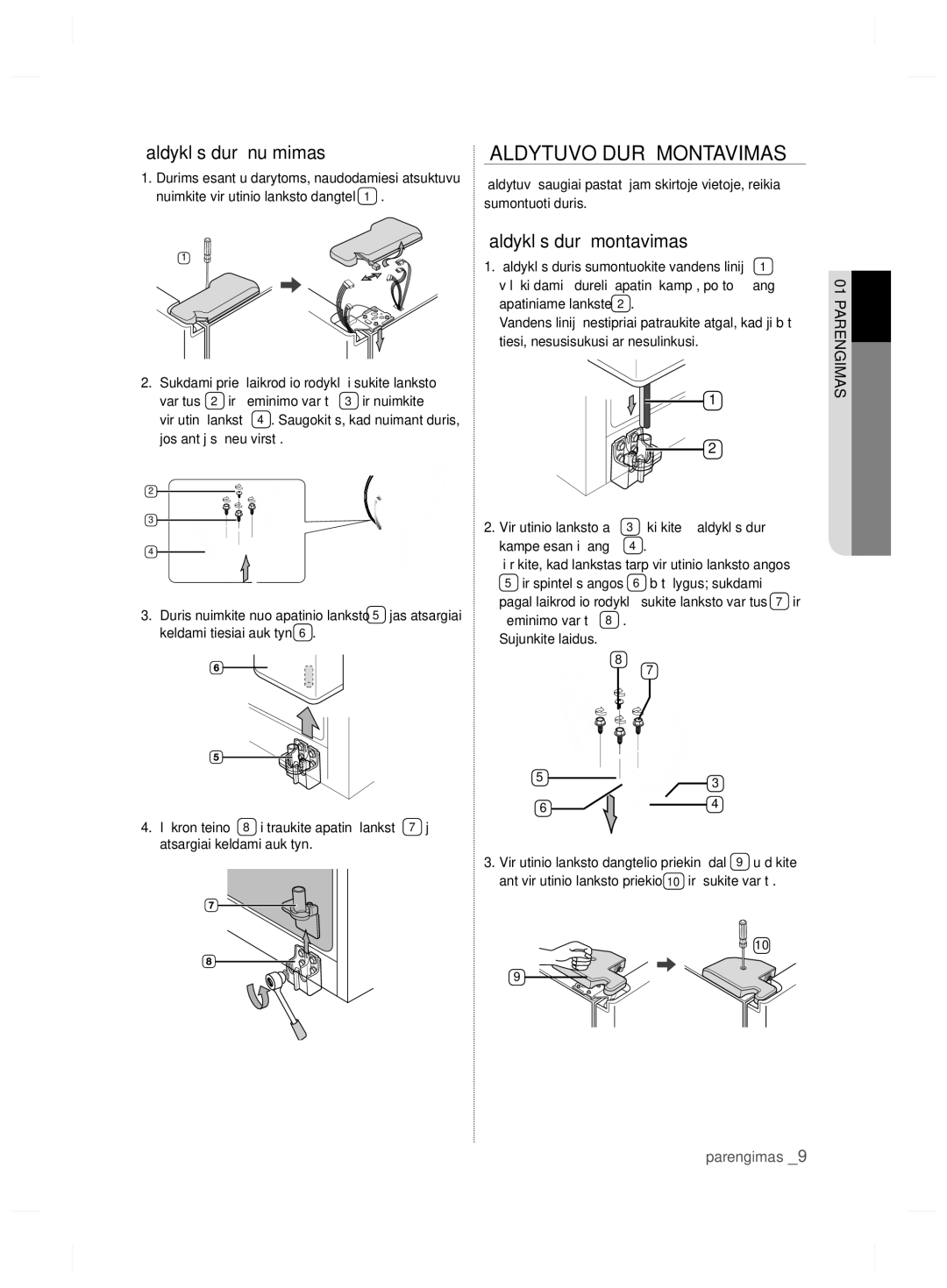 Samsung RSH7ZNRS1/XEO, RSH7ZNRS1/EUR, RSH7ZNRS1/XEG, RSH7UNBP1/XEO manual Šaldytuvo Durų Montavimas, Šaldyklės durų montavimas 