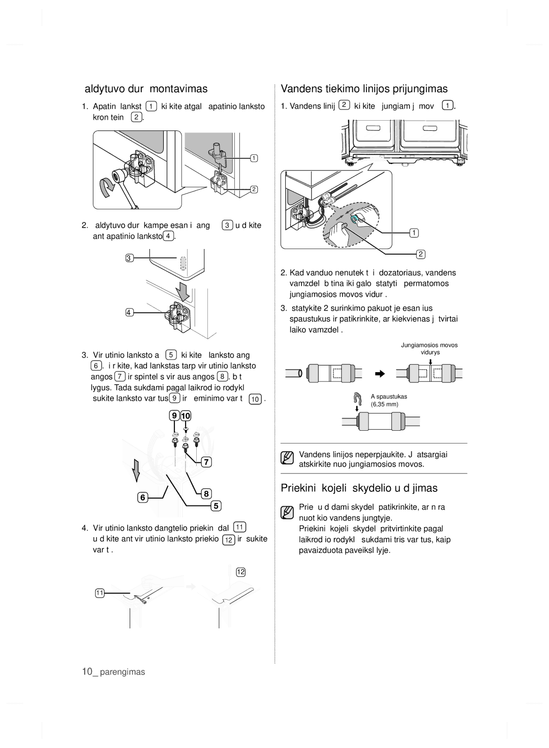 Samsung RSH7UNBP1/XEO manual Priekinių kojelių skydelio uždėjimas, Apatinį lankstą 1 įkiškite atgal į apatinio lanksto 