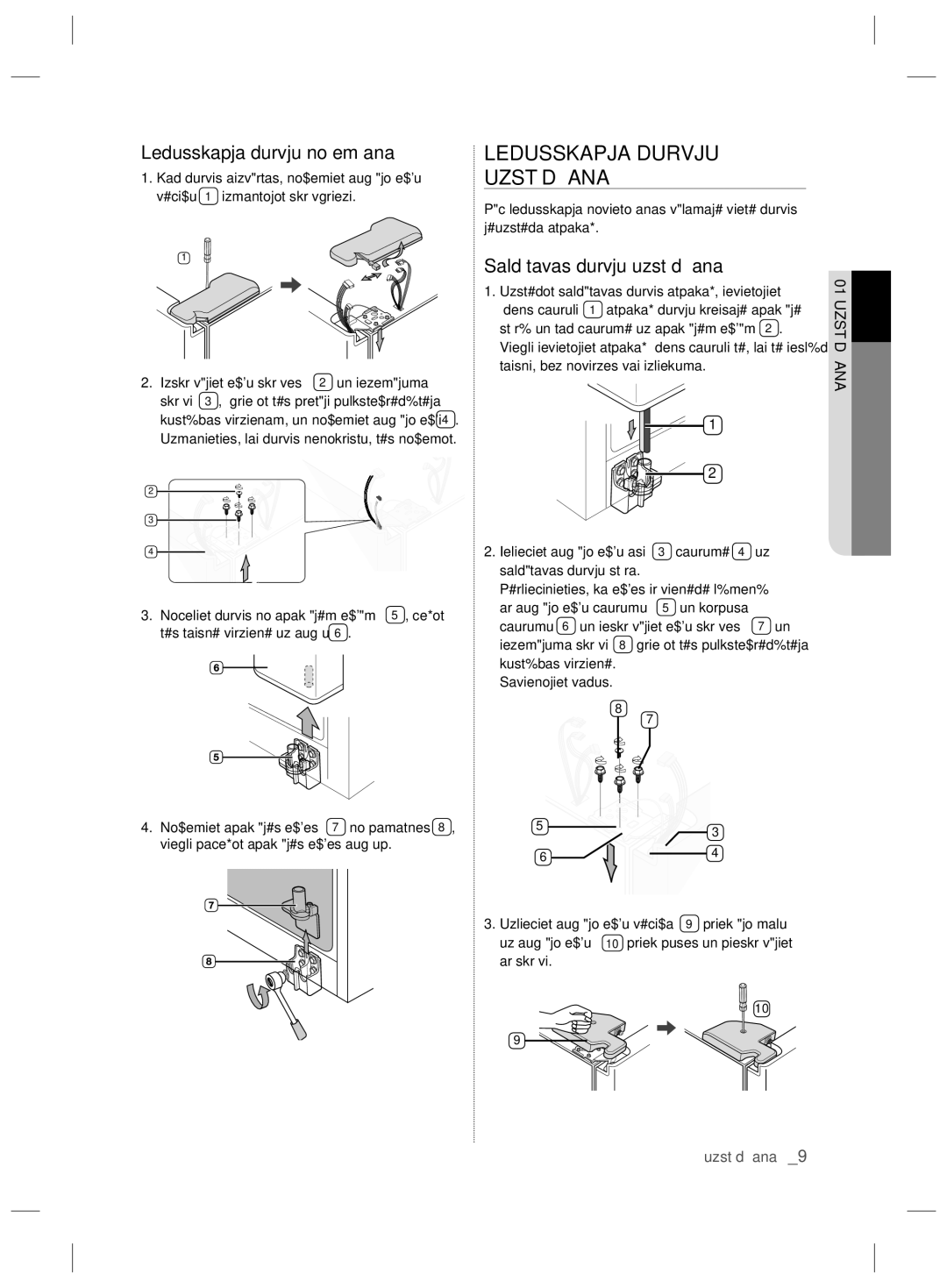 Samsung RSH7PNSW1/XEO manual Ledusskapja Durvju, Uzstādīšana, Ledusskapja durvju noņemšana, Saldētavas durvju uzstādīšana 