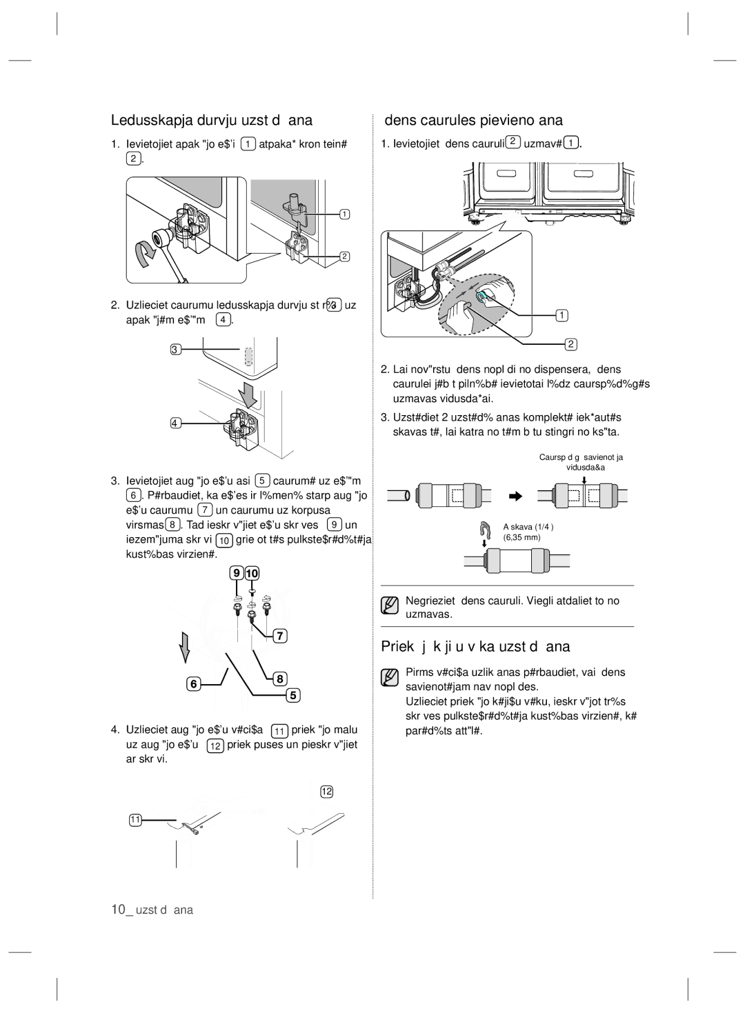 Samsung RSH7ZNRS1/SWS manual Ledusskapja durvju uzstādīšana Ūdens caurules pievienošana, Priekšējā kājiņu vāka uzstādīšana 