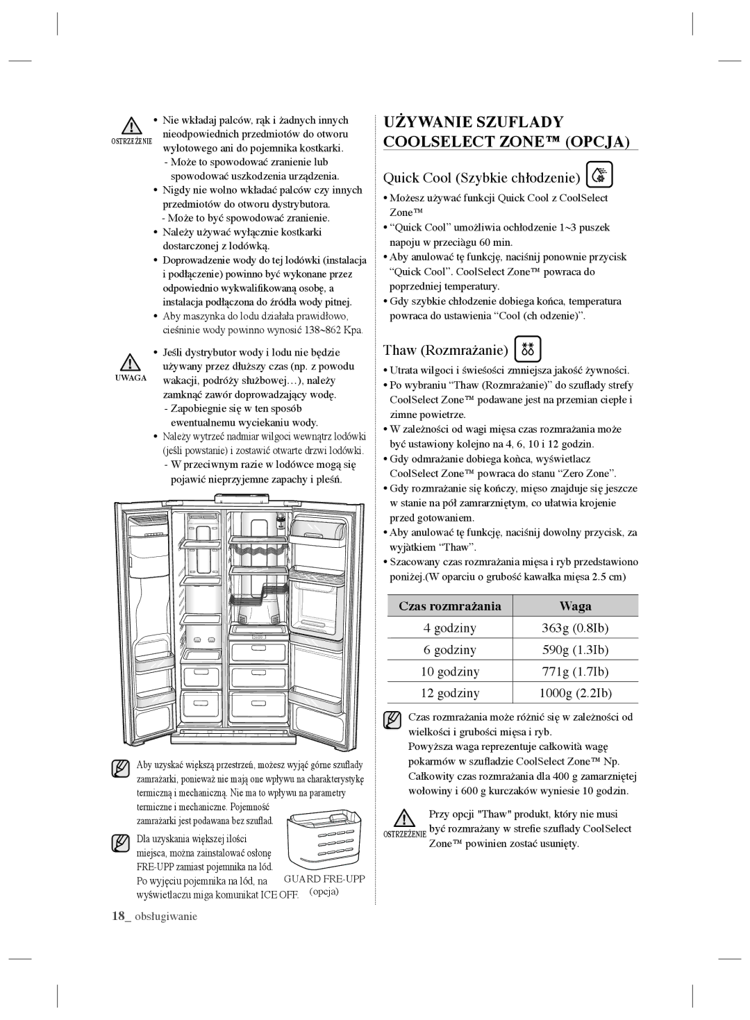 Samsung RSH7ZNRS1/EUR manual Używanie Szuflady Coolselect Zone Opcja, Quick Cool Szybkie chłodzenie, Thaw Rozmrażanie 