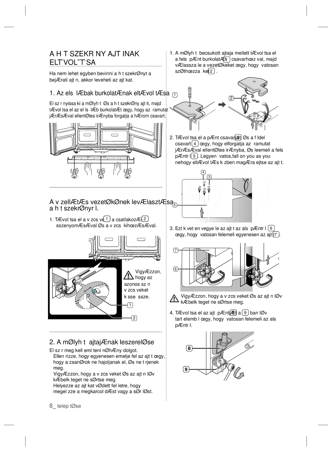 Samsung RSH7ZNRS1/EUR manual Hűtőszekrény Ajtóinak Eltávolítása, Vízellátás vezetékének leválasztása a hűtőszekrényről 