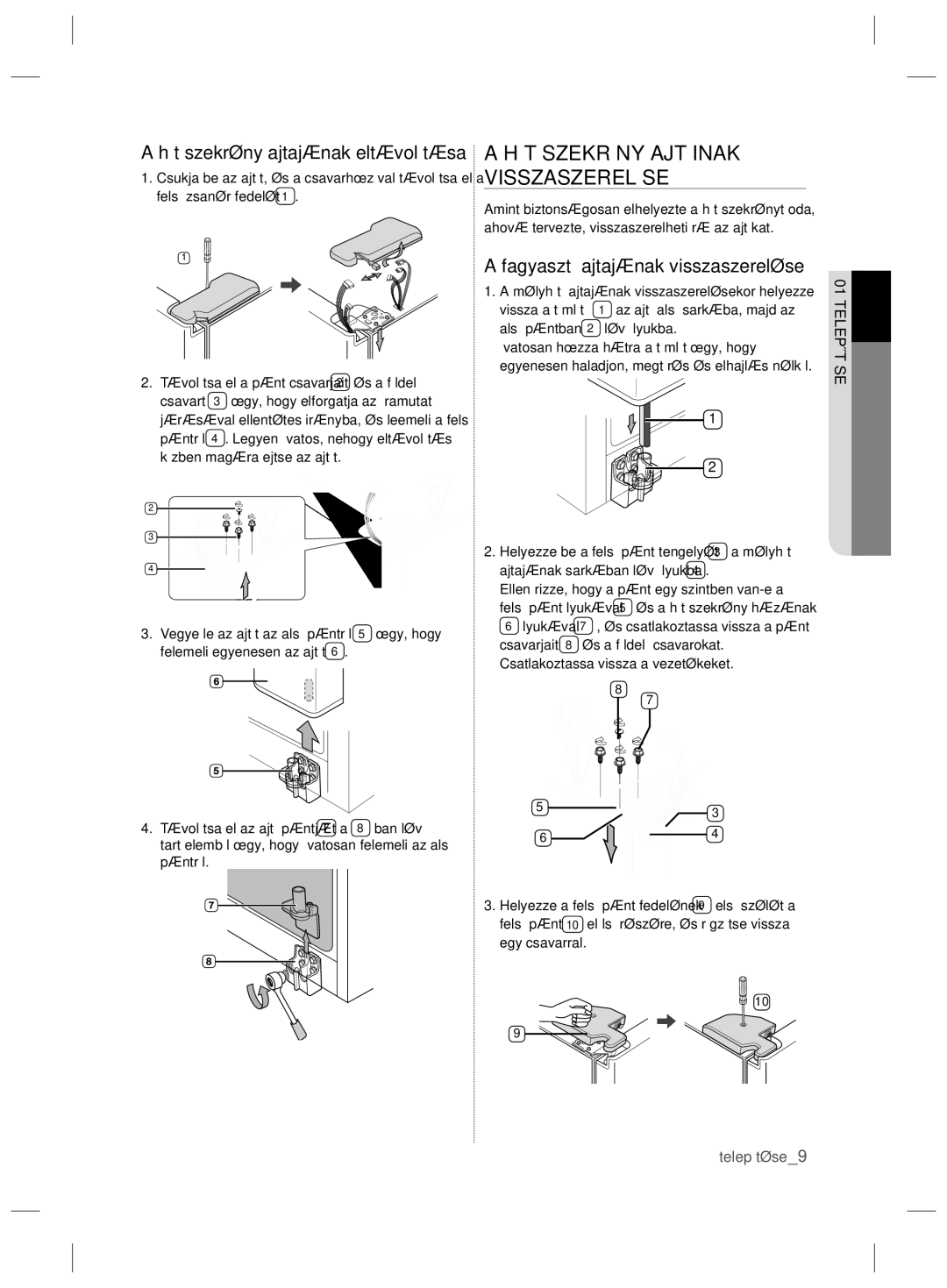 Samsung RSH7ZNRS1/XEG, RSH7ZNRS1/EUR manual Hűtőszekrény Ajtóinak Visszaszerelése, Hűtőszekrény ajtajának eltávolítása 