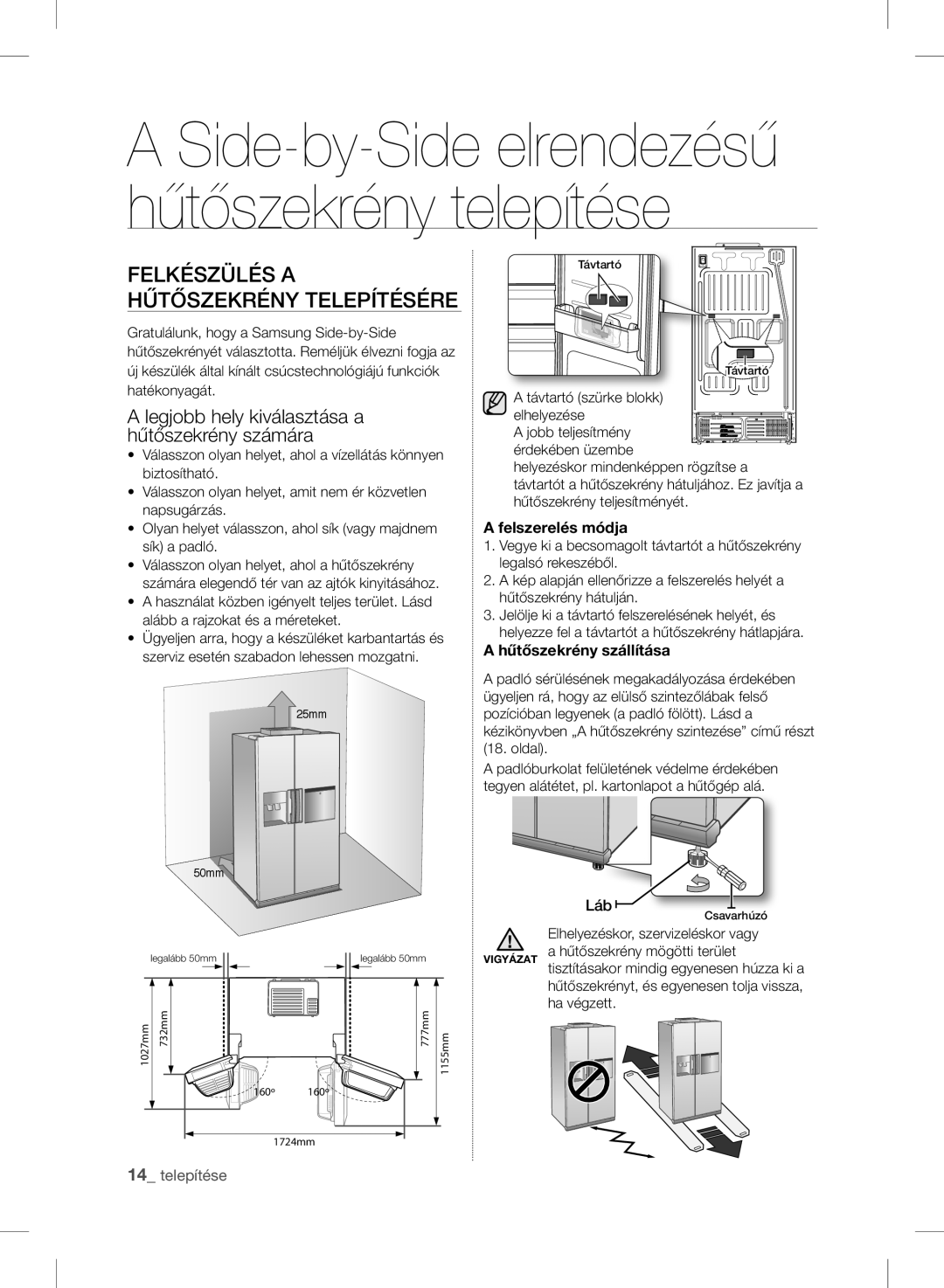 Samsung RSH7ZNRS1/XEO, RSH7ZNRS1/EUR, RSH7ZNRS1/XEG, RSH7UNBP1/XEO manual Legjobb hely kiválasztása a hűtőszekrény számára 