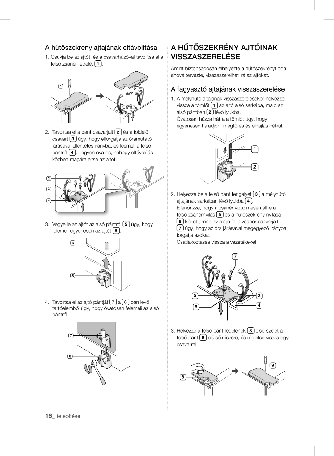 Samsung RSH7PNSW1/XEO, RSH7ZNRS1/EUR manual Hűtőszekrény Ajtóinak Visszaszerelése, Hűtőszekrény ajtajának eltávolítása 