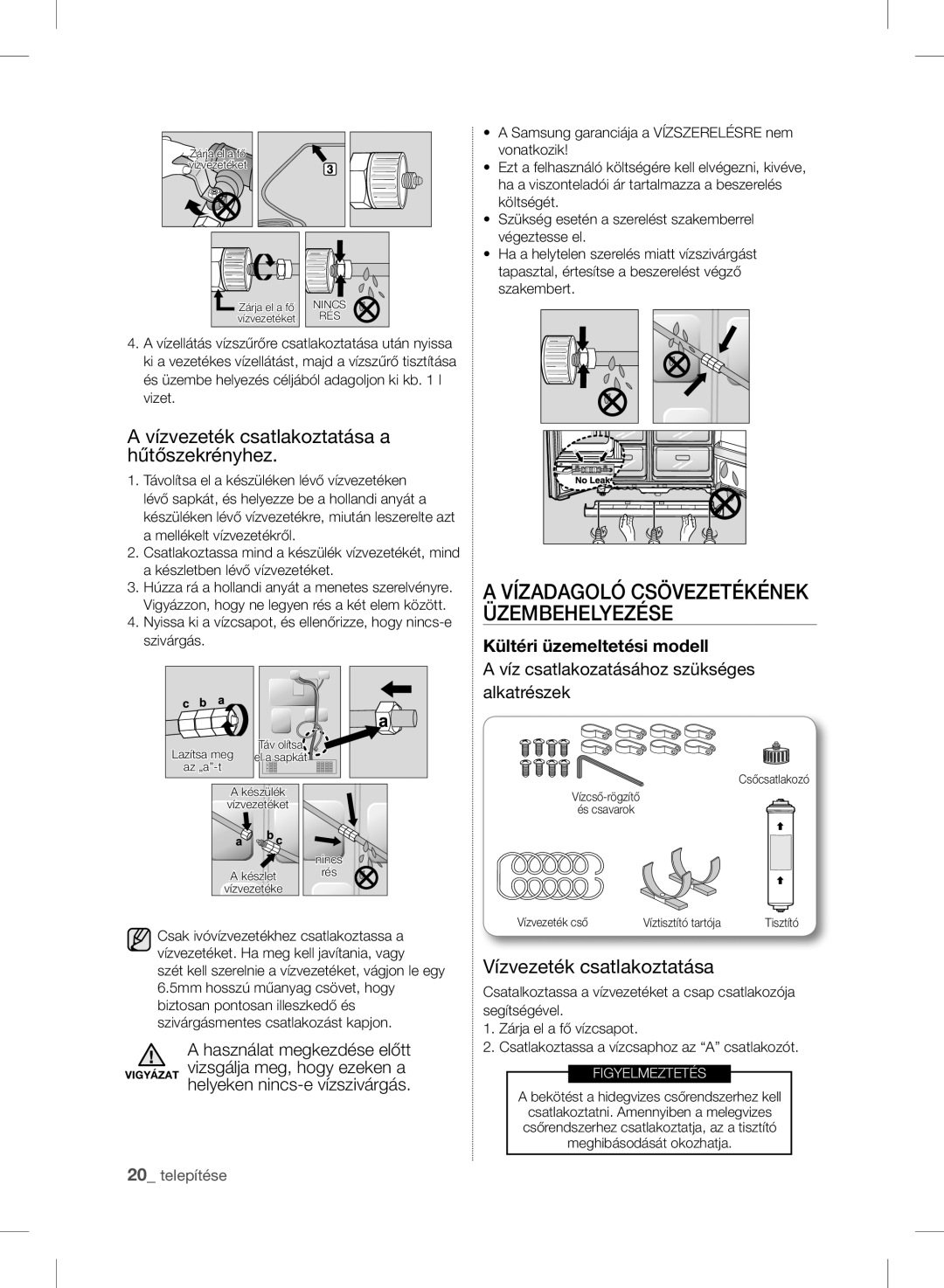 Samsung RSH7ZNRS1/XEO, RSH7ZNRS1/EUR, RSH7ZNRS1/XEG, RSH7UNBP1/XEO manual Vízvezeték csatlakoztatása a hűtőszekrényhez 