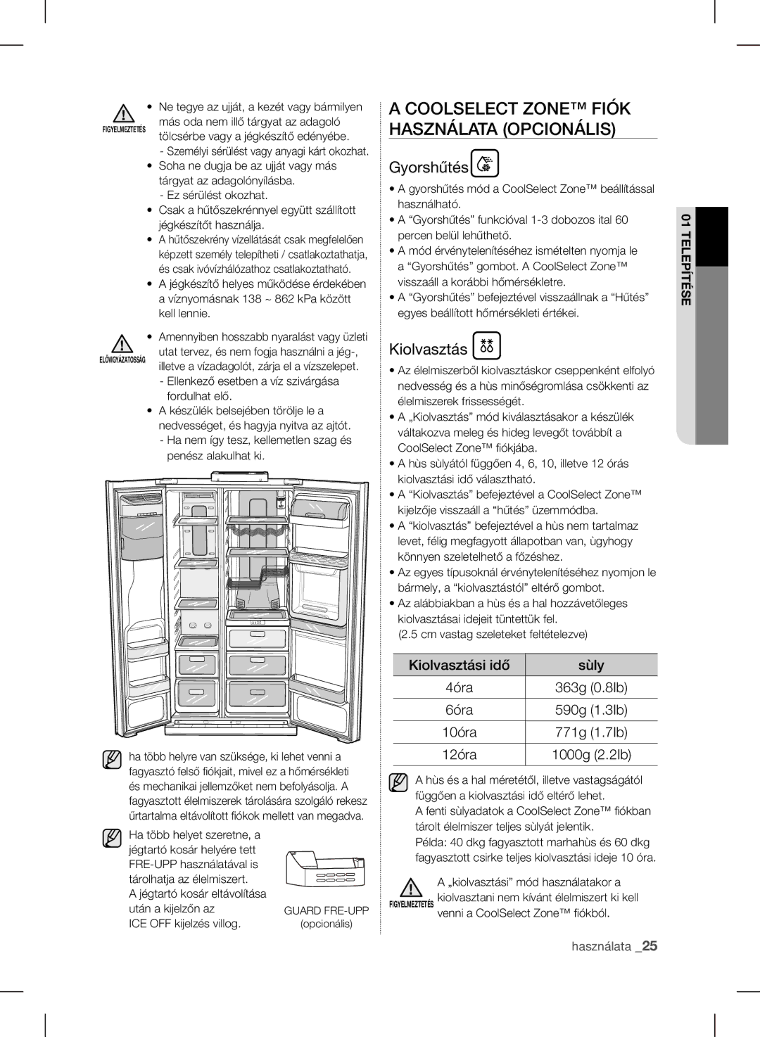 Samsung RSH7ZNRS1/XEG, RSH7ZNRS1/EUR, RSH7ZNRS1/XEO Coolselect Zone Fiók Használata Opcionális, Gyorshűtés, Kiolvasztás 