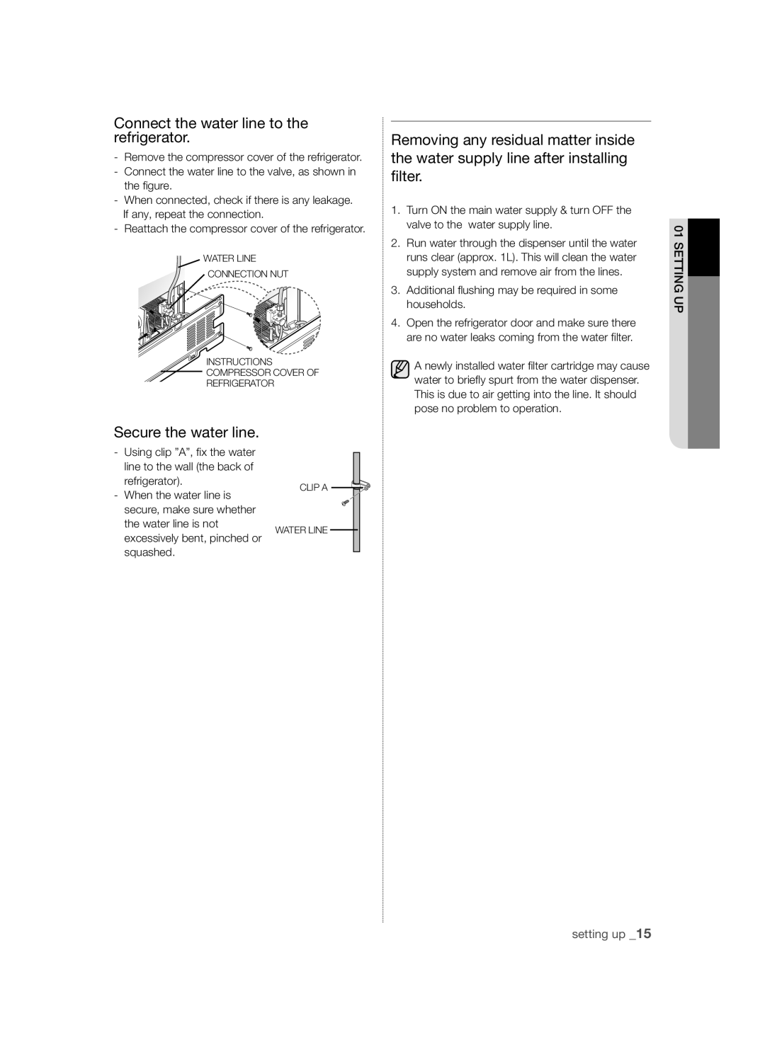 Samsung RSH7ZNRS1/SWS, RSH7ZNRS1/EUR, RSH7ZNRS1/XEG manual Connect the water line to the refrigerator, Secure the water line 