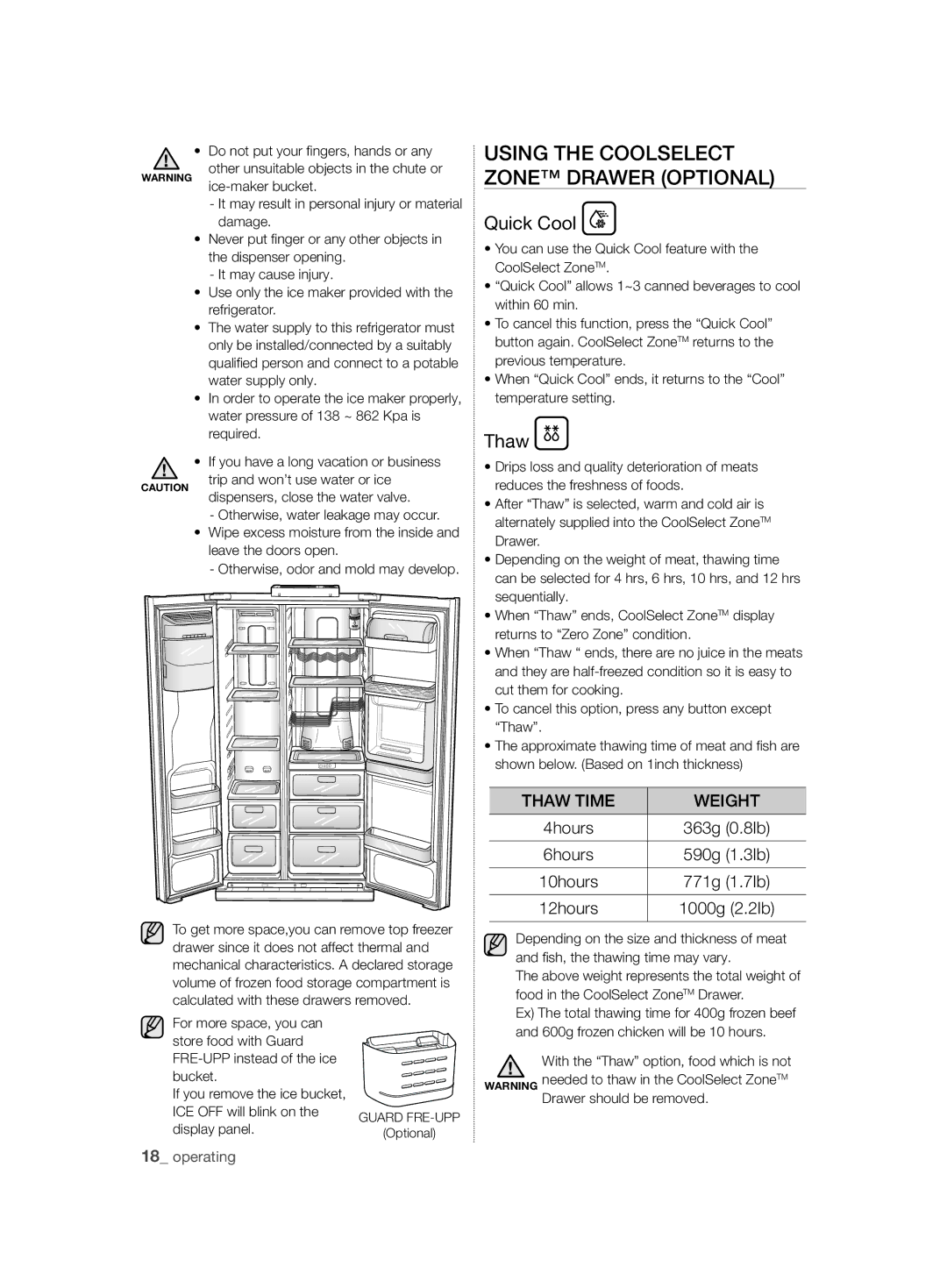 Samsung RSH7ZNRS1/XEO, RSH7ZNRS1/EUR, RSH7ZNRS1/XEG manual Using the Coolselect Zone Drawer Optional, Quick Cool, Thaw 