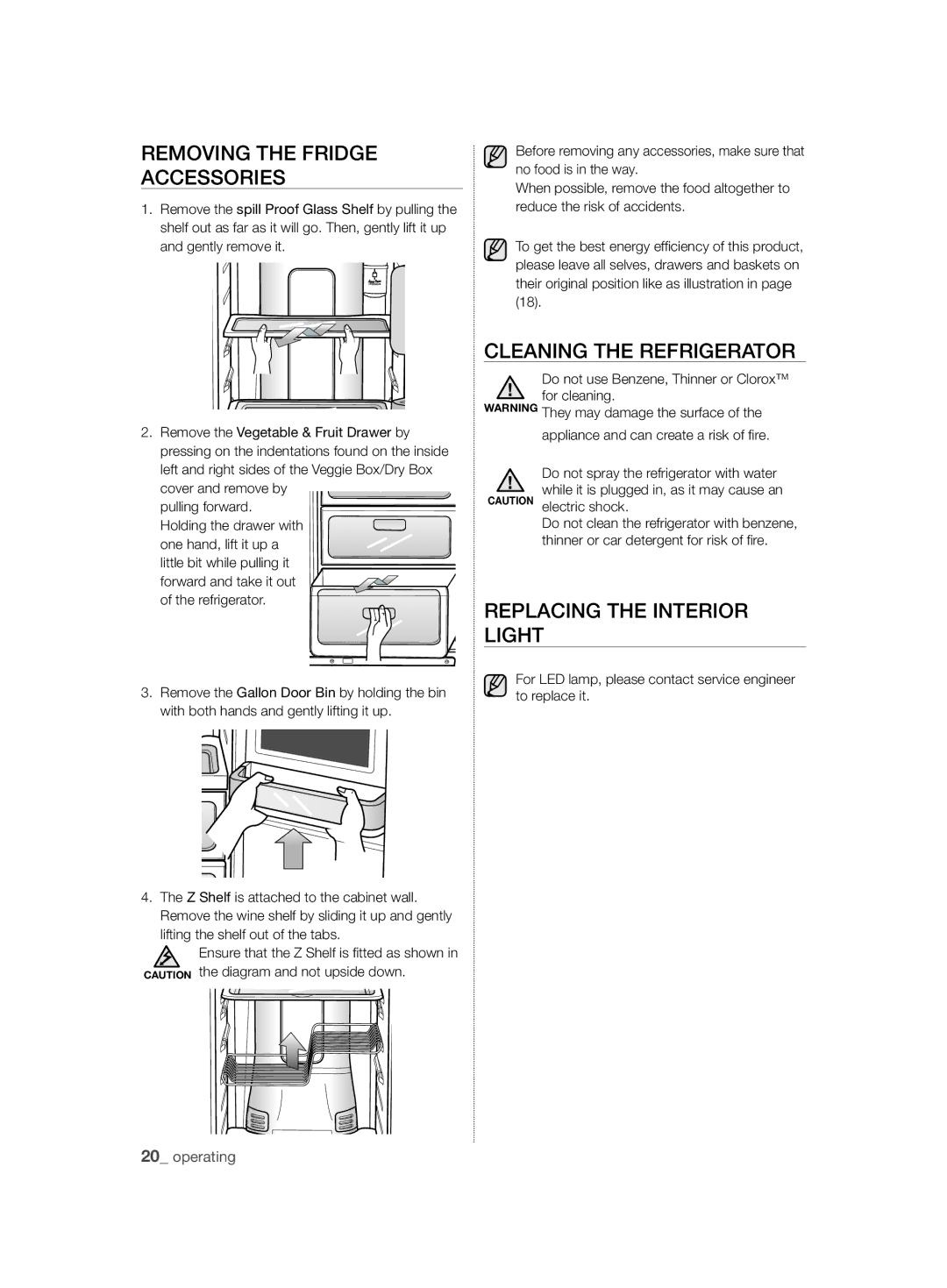 Samsung RSH7ZNRS1/EUR manual Removing the Fridge Accessories, Cleaning the Refrigerator, Replacing the Interior Light 