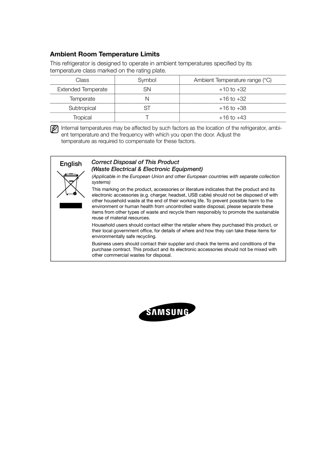 Samsung RSH7ZNRS1/EUR, RSH7ZNRS1/XEG, RSH7ZNRS1/XEO, RSH7ZNRS1/SWS manual Ambient Room Temperature Limits 